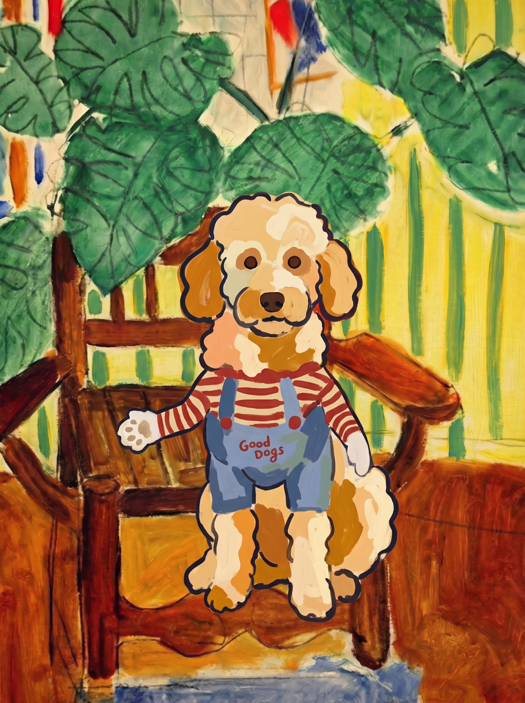 A pet sitting on a brown chair, looking at the viewer. Art Style: Paint in Fauvism, post-impressionism style. Use simplified shapes, exaggerates color, and flattens perspective to create charm and personality.
Use saturated, non-naturalistic colors and flattened perspective reminiscent of Henri Matisse.
The brushwork is loose, visible, and painterly, with uneven strokes that give the surface texture and movement.
Paint with large areas of flat color patches, simplified shapes, bold decorative outlines, and minimal blending.
The composition is flattened and slightly distorted, with compressed perspective.
The painting is expressive, utilizing thick, confident strokes and quick, rhythmic marks that prioritize texture and visual energy over realistic blending or depth.