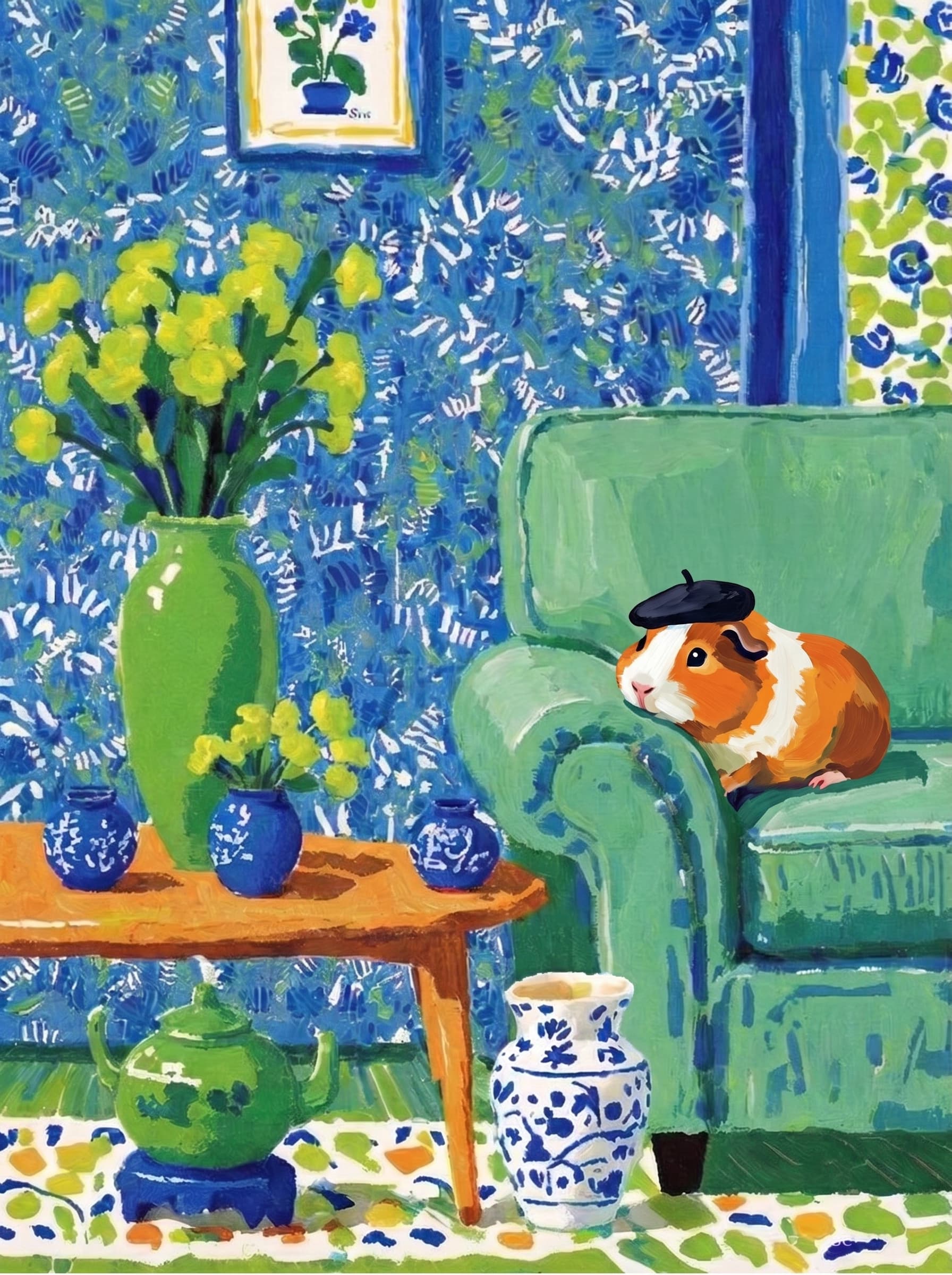 A pet lazy lying on the couch, with head tilt on the edge of couch, eye looking at the the vase. Art Style: Paint in Fauvism, post-impressionism style. Use simplified shapes, exaggerates color, and flattens perspective to create charm and personality.
Use saturated, non-naturalistic colors and flattened perspective reminiscent of Henri Matisse.
The brushwork is loose, visible, and painterly, with uneven strokes that give the surface texture and movement.
Paint with large areas of flat color patches, simplified shapes, bold decorative outlines, and minimal blending.
The composition is flattened and slightly distorted, with compressed perspective.
The painting is expressive, utilizing thick, confident strokes and quick, rhythmic marks that prioritize texture and visual energy over realistic blending or depth.