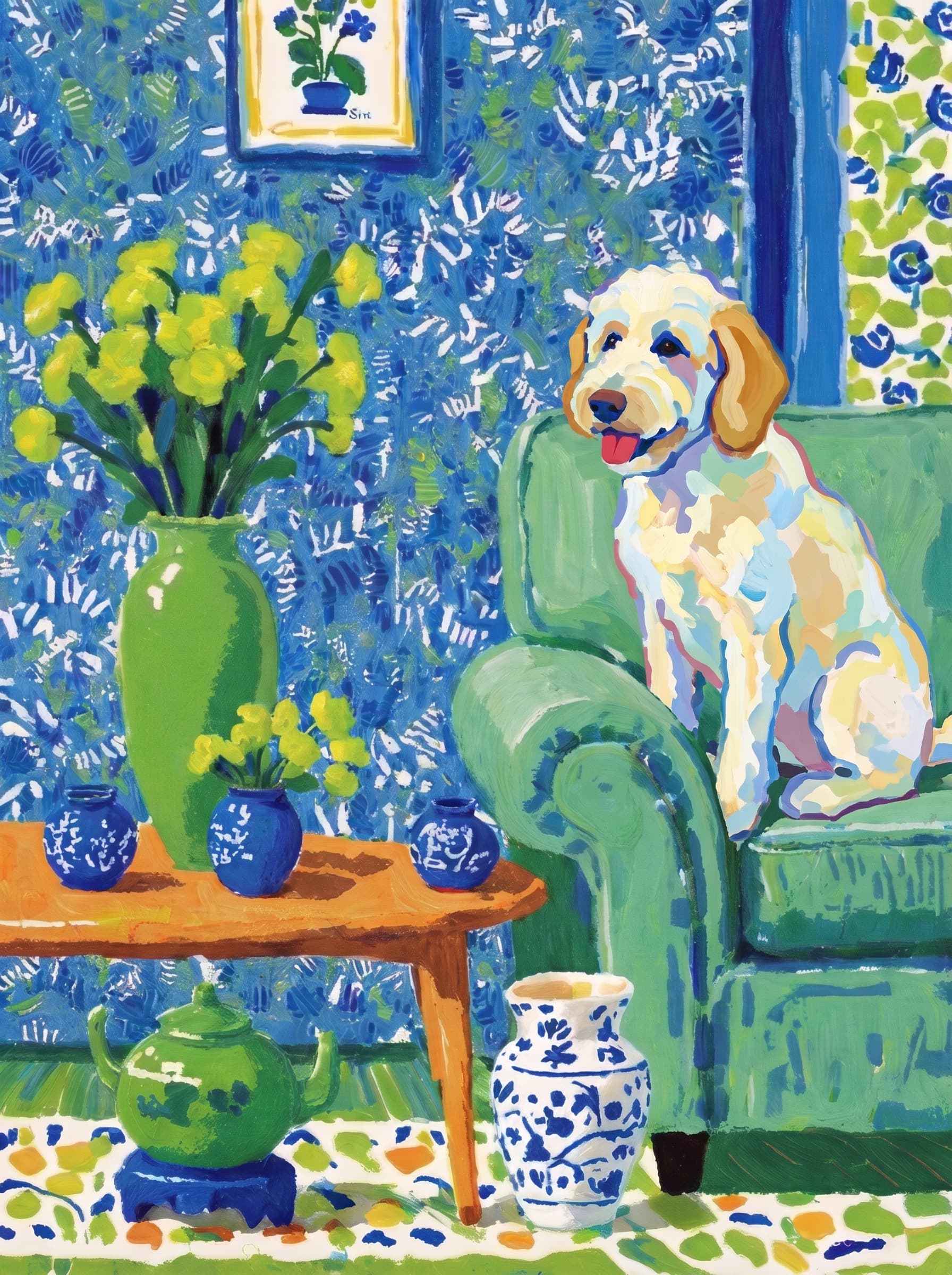 A pet lazy lying on the couch, with head tilt on the edge of couch, eye looking at the the vase. Art Style: Paint in Fauvism, post-impressionism style. Use simplified shapes, exaggerates color, and flattens perspective to create charm and personality.
Use saturated, non-naturalistic colors and flattened perspective reminiscent of Henri Matisse.
The brushwork is loose, visible, and painterly, with uneven strokes that give the surface texture and movement.
Paint with large areas of flat color patches, simplified shapes, bold decorative outlines, and minimal blending.
The composition is flattened and slightly distorted, with compressed perspective.
The painting is expressive, utilizing thick, confident strokes and quick, rhythmic marks that prioritize texture and visual energy over realistic blending or depth.