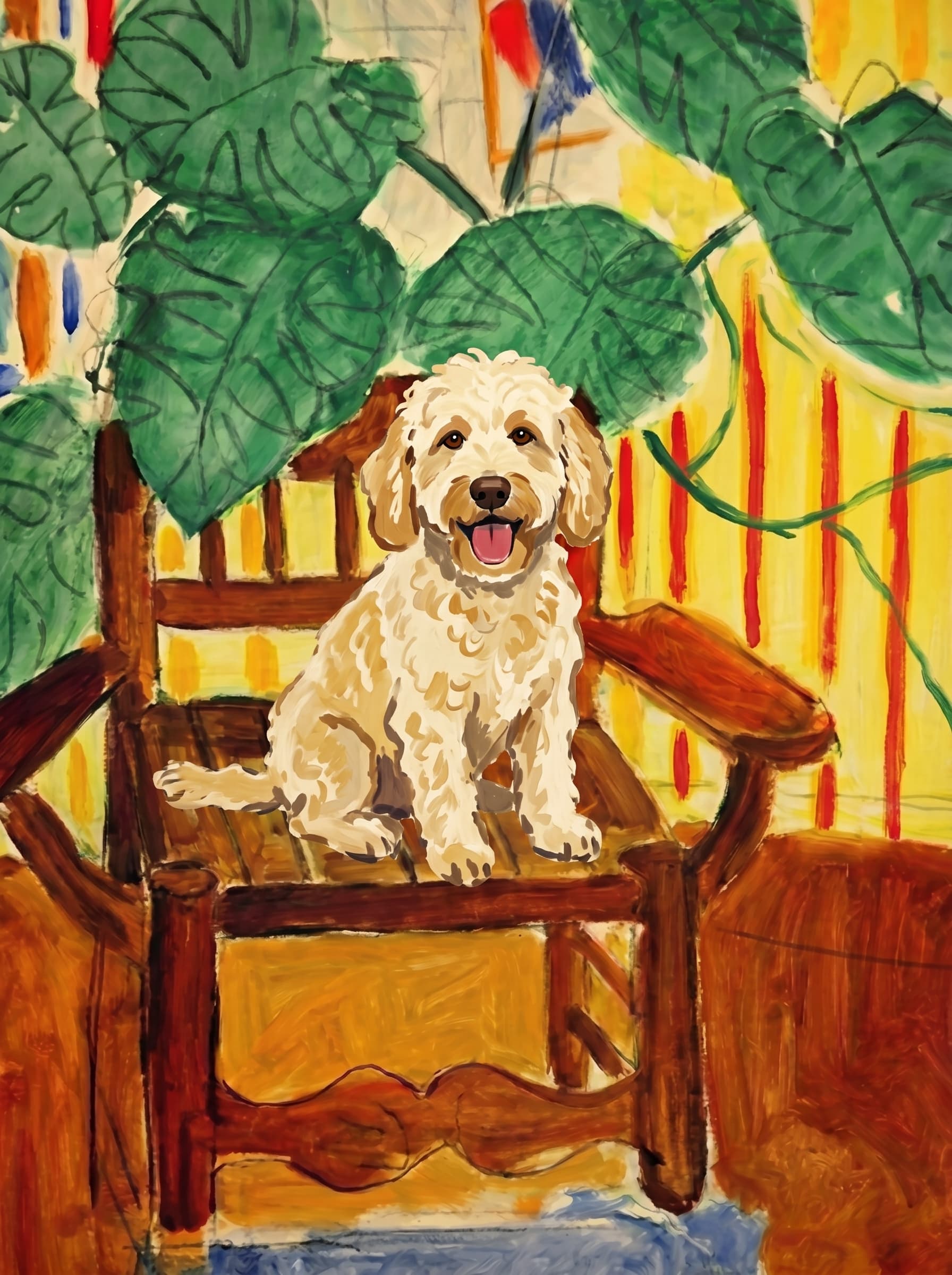 A pet sitting on a brown chair, looking at the viewer. Colors are applied with minimal blending, creating a flat, illustrative feel. The brushwork is broad, rapid, and direct. Strokes are loose, visible, applied thinly, defining the forms quickly without building up significant physical texture or impasto on the surface.