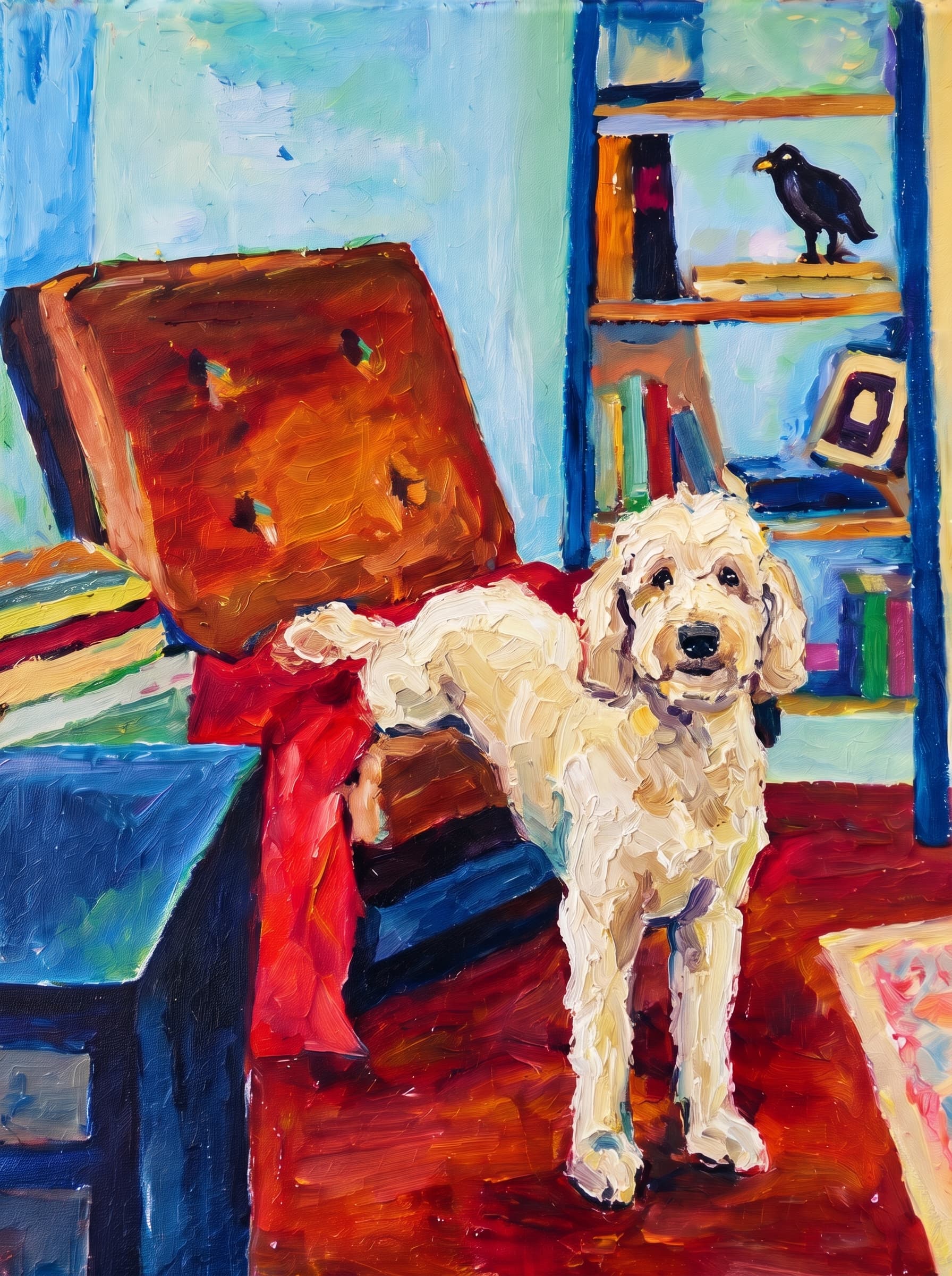 An oil painting in an Impressionist impasto style depicts a warm, cozy indoor space centered around a large, reclined armchair featuring a brown tufted cushion and a vivid red blanket draped across its seat.
Behind the chair stands a rich blue bookshelf adorned with colorful books, a picture frame, and a dark bird figurine perched on the top shelf.
To the left, a matching blue side table holds stacked books, while the room's floor glows in deep mahogany and amber hues alongside a patterned pastel rug.
The vibrant composition is completed by a background of soft turquoise, sky blue, and buttery yellow wall tones, all rendered with thick, visible brushstrokes that lend a lively texture to the scene.
The pet is standing upright on its two front legs, which rest on the dark reddish floor in the foreground. Its rear legs and body are elevated, resting on the seat of the brown reclined armchair, draped over the red blanket.
Paint the pet with the same thick impasto brushstrokes and vivid palette as the rest of the painting.