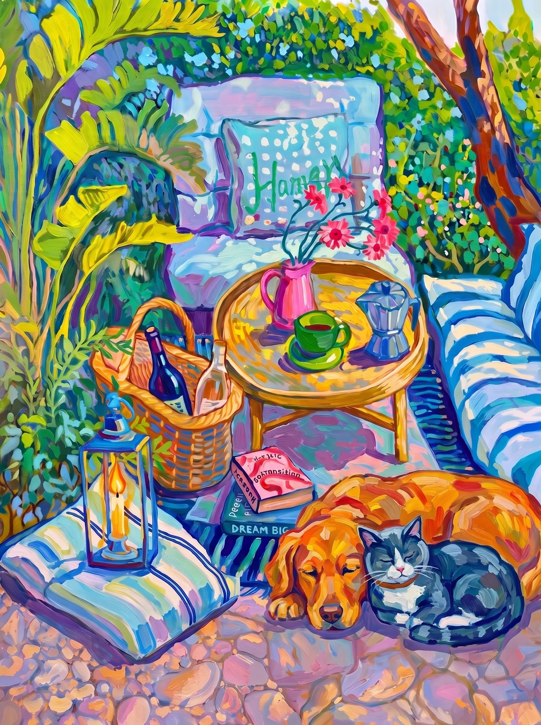a cozy garden patio filled with lush tropical greenery, blue-and-white striped cushions, a round rattan table, picnic basket, lantern, books, flowers.
The pet is lazily resting in the foreground, almost fall asleep with a relaxed and content expression.
The composition feels intimate and inviting, with foliage and a tree trunk framing the scene, the circular table anchoring the center, and expressive brushwork plus dappled light creating a lively, relaxed outdoor atmosphere.
Art Style: Paint in Fauvism, post-impressionism style. Use simplified shapes, exaggerates color, and flattens perspective to create charm and personality.
Use saturated, non-naturalistic colors and flattened perspective reminiscent of Henri Matisse.
The brushwork is loose, visible, and painterly, with uneven strokes that give the surface texture and movement.
Paint with large areas of flat color patches, simplified shapes, bold decorative outlines, and minimal blending.
The composition is flattened and slightly distorted, with compressed perspective.
The painting is expressive, utilizing thick, confident strokes and quick, rhythmic marks that prioritize texture and visual energy over realistic blending or depth.