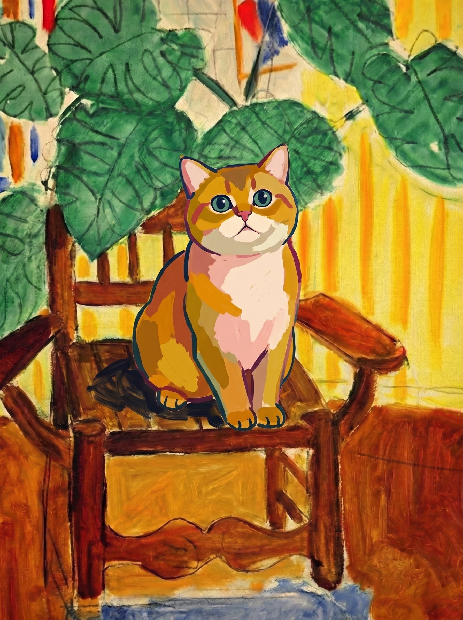 A pet sitting on a brown chair, looking at the viewer. Art Style: Paint in Fauvism, post-impressionism style. Use simplified shapes, exaggerates color, and flattens perspective to create charm and personality.
Use saturated, non-naturalistic colors and flattened perspective reminiscent of Henri Matisse.
The brushwork is loose, visible, and painterly, with uneven strokes that give the surface texture and movement.
Paint with large areas of flat color patches, simplified shapes, bold decorative outlines, and minimal blending.
The composition is flattened and slightly distorted, with compressed perspective.
The painting is expressive, utilizing thick, confident strokes and quick, rhythmic marks that prioritize texture and visual energy over realistic blending or depth.