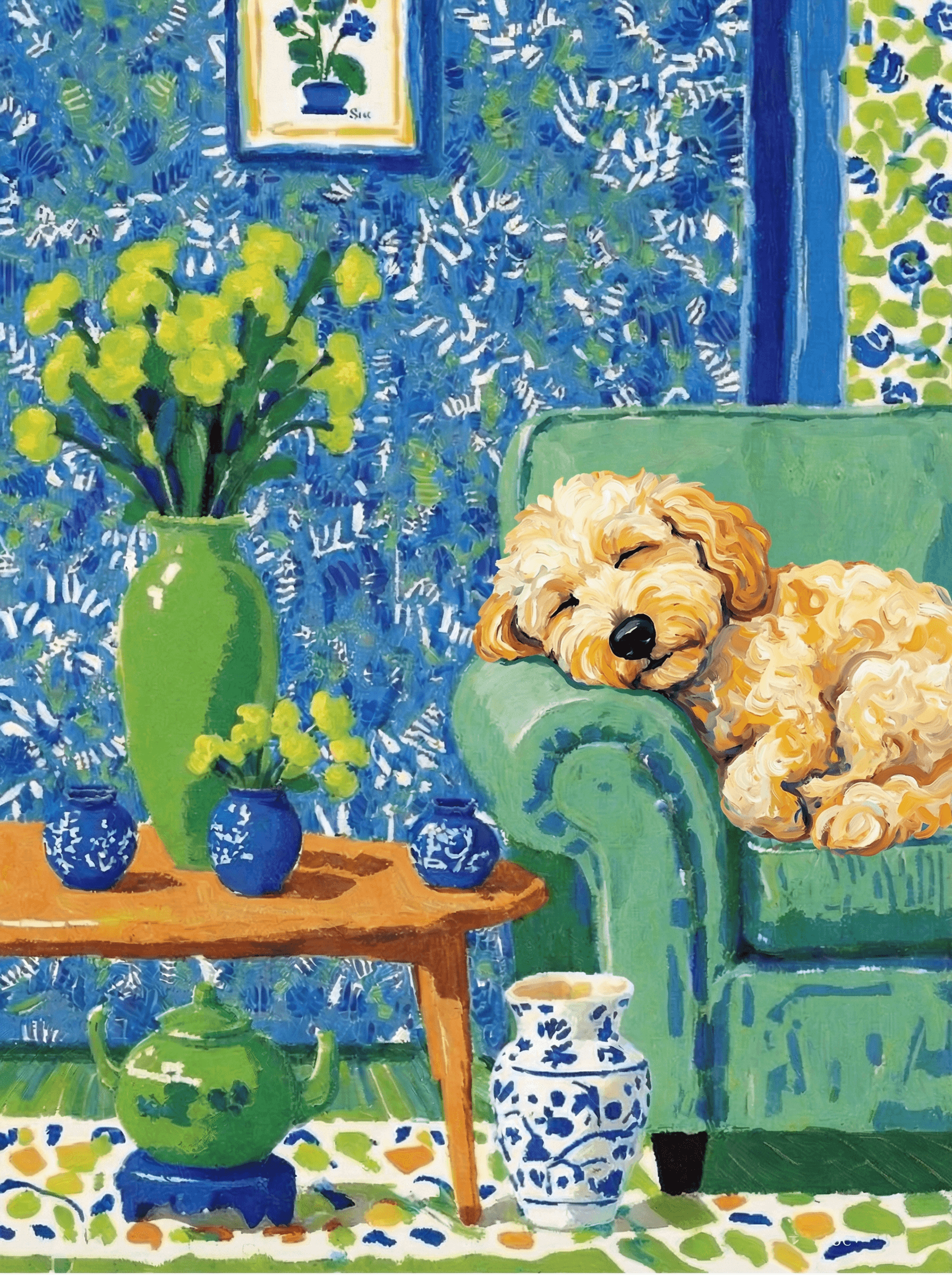 A pet lazy lying on the couch, with head tilt on the edge of couch, eye looking at the the vase. paint in post-impressionism style. Use saturated, non-naturalistic colors and flattened perspective reminiscent of Henri Matisse. painterly and expressive, utilizing thick, confident strokes and quick, rhythmic marks that prioritize texture and visual energy over realistic blending or depth.