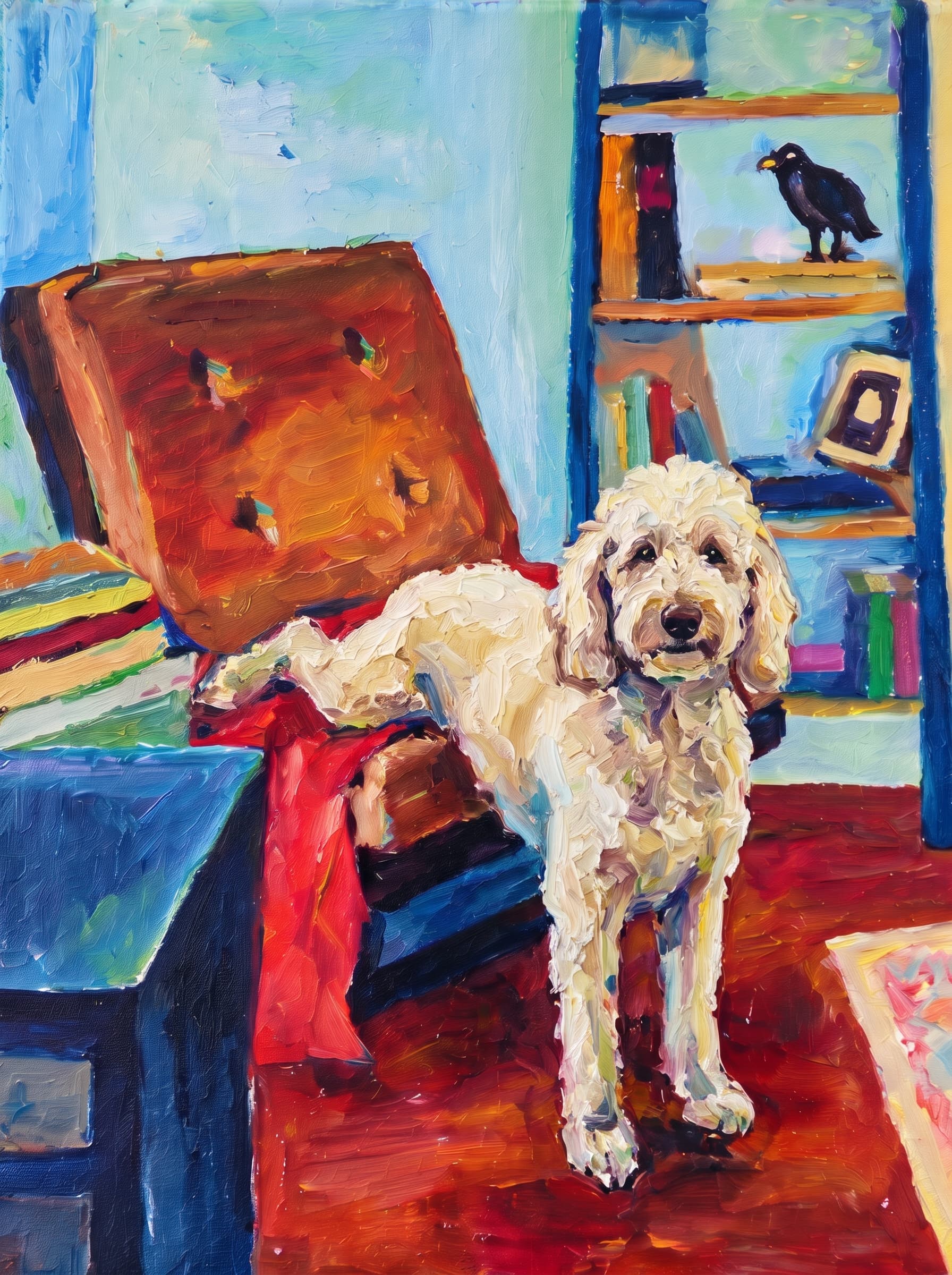 An oil painting in an Impressionist impasto style depicts a warm, cozy indoor space centered around a large, reclined armchair featuring a brown tufted cushion and a vivid red blanket draped across its seat.
Behind the chair stands a rich blue bookshelf adorned with colorful books, a picture frame, and a dark bird figurine perched on the top shelf.
To the left, a matching blue side table holds stacked books, while the room's floor glows in deep mahogany and amber hues alongside a patterned pastel rug.
The vibrant composition is completed by a background of soft turquoise, sky blue, and buttery yellow wall tones, all rendered with thick, visible brushstrokes that lend a lively texture to the scene.
The pet is standing upright on its two front legs, which rest on the dark reddish floor in the foreground. Its rear legs and body are elevated, resting on the seat of the brown reclined armchair, draped over the red blanket.
Paint the pet with the same thick impasto brushstrokes and vivid palette as the rest of the painting.