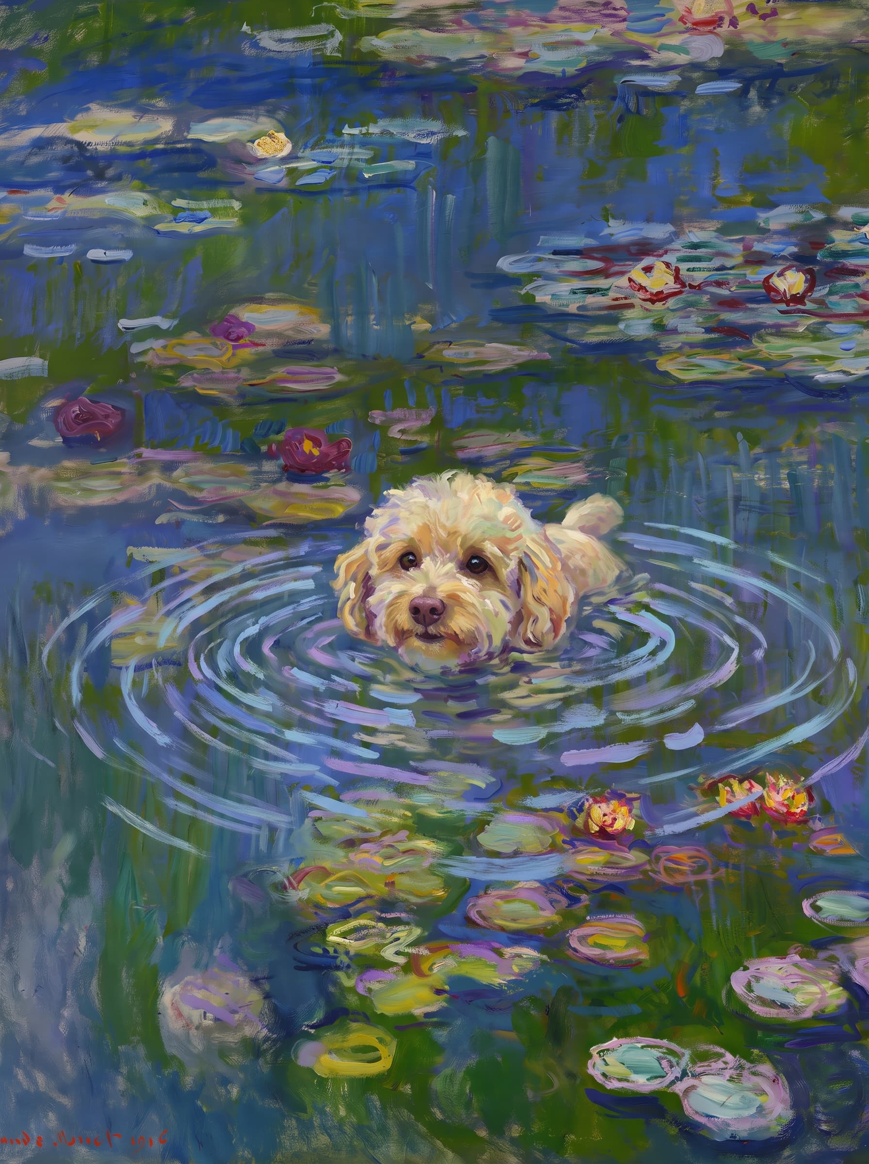 The pet should appear naturally integrated into the middle of the pond, swimming calmly through the water with only its head, upper neck, and a subtle suggestion of its back visible above the surface.
The pet should be facing forward and looking directly at the viewer. Its wet fur should be suggested through painterly strokes.
Blend the pet into the scene using Monet-like impressionist oil painting techniques: visible layered brushstrokes, soft broken color, blue-green reflections, violet shadows, golden-orange highlights, and shimmering ripples around the pet.
The water should partially obscure the pet’s body, with delicate circular ripples spreading outward. Nearby lily pads and water lilies should remain undisturbed but subtly interact with the ripples.
The pet must feel like it was originally painted into the artwork, not pasted on top. Match the atmospheric softness, painterly texture, scale, perspective, and color harmony of the original Water Lilies painting.
Avoid photorealism, sharp outlines, modern digital effects, or excessive detail. The final image should look like a whimsical impressionist oil painting in the spirit of late Monet, with the pet quietly swimming among the lily pads at the center of the pond.
Art Style: Paint in Fauvism, post-impressionism style. Use simplified shapes, exaggerates color, and flattens perspective to create charm and personality.
Use saturated, non-naturalistic colors and flattened perspective reminiscent of Henri Matisse.
The brushwork is loose, visible, and painterly, with uneven strokes that give the surface texture and movement.
Paint with large areas of flat color patches, simplified shapes, bold decorative outlines, and minimal blending.
The composition is flattened and slightly distorted, with compressed perspective.
The painting is expressive, utilizing thick, confident strokes and quick, rhythmic marks that prioritize texture and visual energy over realistic blending or depth.