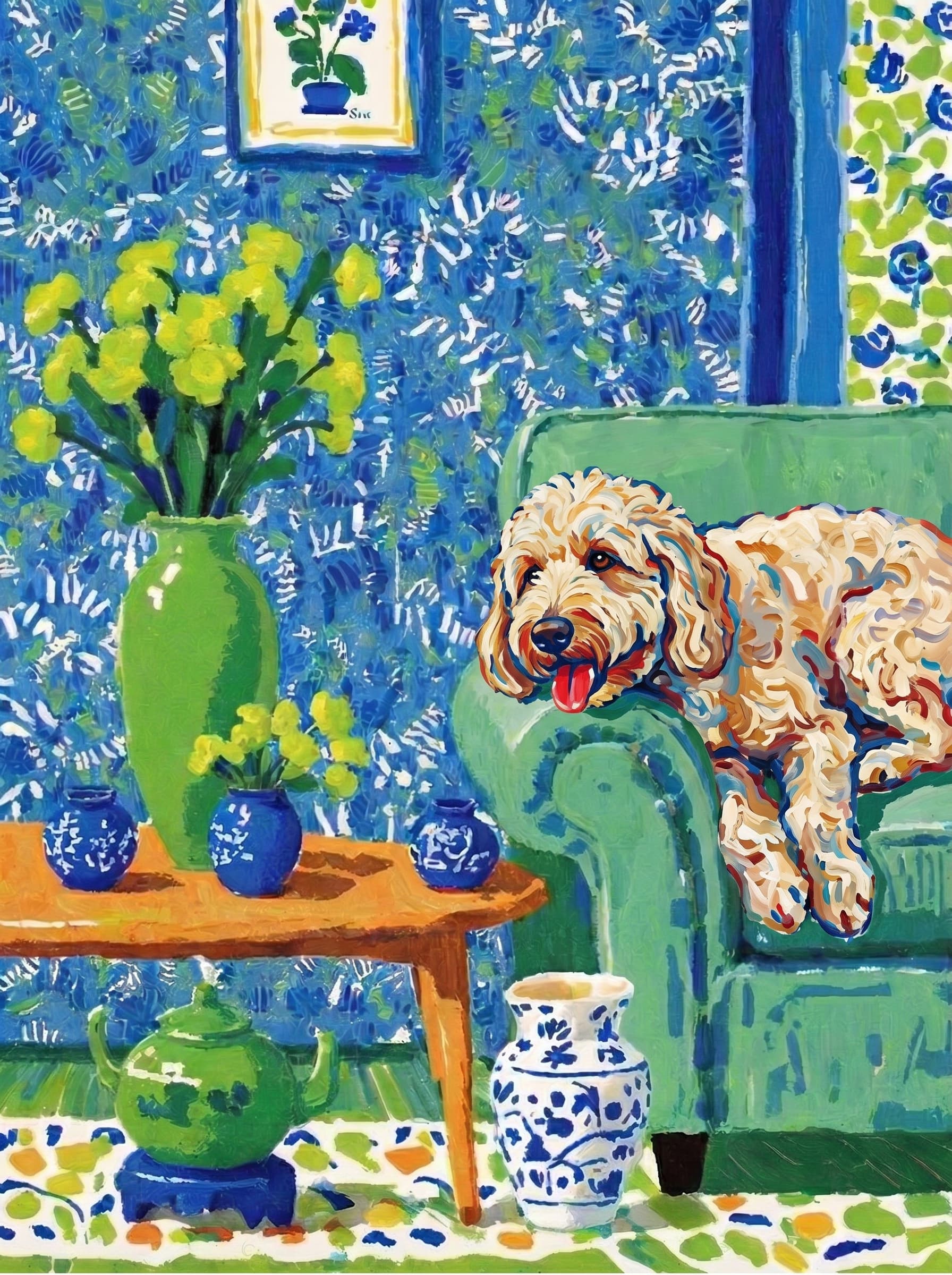 A pet lazy lying on the couch, with head tilt on the edge of couch, eye looking at the the vase. paint in post-impressionism style. Use saturated, non-naturalistic colors and flattened perspective reminiscent of Henri Matisse. painterly and expressive, utilizing thick, confident strokes and quick, rhythmic marks that prioritize texture and visual energy over realistic blending or depth.