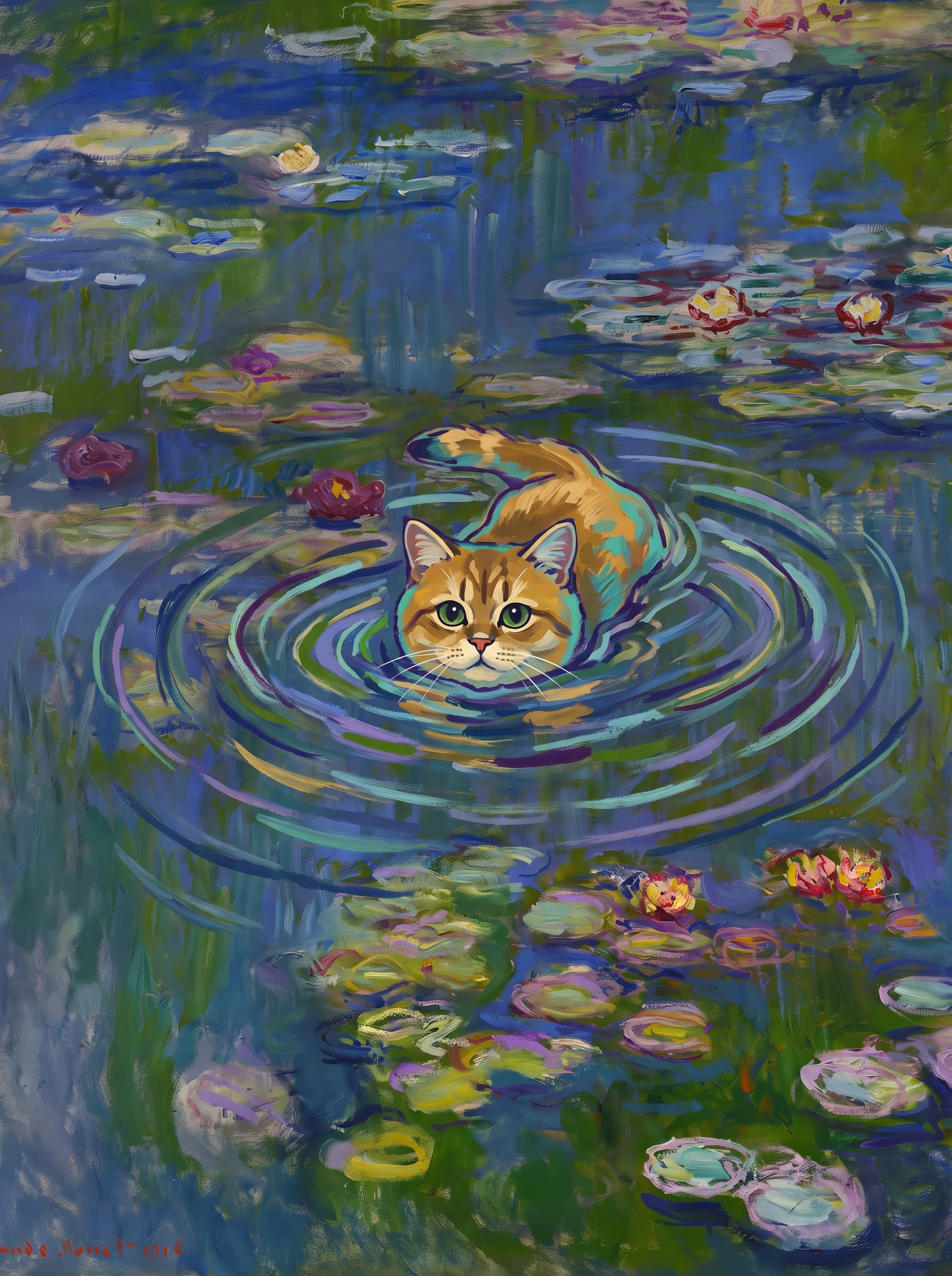 The pet should appear naturally integrated into the middle of the pond, swimming calmly through the water with only its head, upper neck, and a subtle suggestion of its back visible above the surface.
The pet should be facing forward and looking directly at the viewer. Its wet fur should be suggested through painterly strokes.
Blend the pet into the scene using Monet-like impressionist oil painting techniques: visible layered brushstrokes, soft broken color, blue-green reflections, violet shadows, golden-orange highlights, and shimmering ripples around the pet.
The water should partially obscure the pet’s body, with delicate circular ripples spreading outward. Nearby lily pads and water lilies should remain undisturbed but subtly interact with the ripples.
The pet must feel like it was originally painted into the artwork, not pasted on top. Match the atmospheric softness, painterly texture, scale, perspective, and color harmony of the original Water Lilies painting.
Avoid photorealism, sharp outlines, modern digital effects, or excessive detail. The final image should look like a whimsical impressionist oil painting in the spirit of late Monet, with the pet quietly swimming among the lily pads at the center of the pond.
Art Style: Paint in Fauvism, post-impressionism style. Use simplified shapes, exaggerates color, and flattens perspective to create charm and personality.
Use saturated, non-naturalistic colors and flattened perspective reminiscent of Henri Matisse.
The brushwork is loose, visible, and painterly, with uneven strokes that give the surface texture and movement.
Paint with large areas of flat color patches, simplified shapes, bold decorative outlines, and minimal blending.
The composition is flattened and slightly distorted, with compressed perspective.
The painting is expressive, utilizing thick, confident strokes and quick, rhythmic marks that prioritize texture and visual energy over realistic blending or depth.