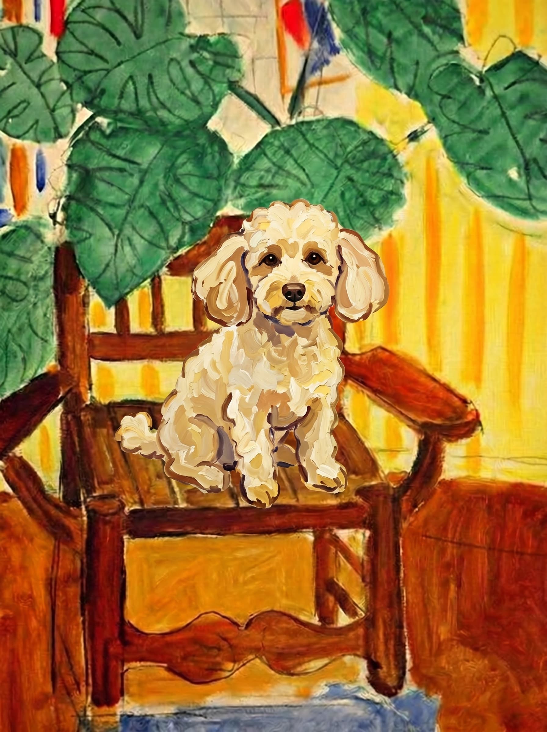A pet sitting on a brown chair, looking at the viewer. Art Style: Paint in Fauvism, post-impressionism style. Use simplified shapes, exaggerates color, and flattens perspective to create charm and personality.
Use saturated, non-naturalistic colors and flattened perspective reminiscent of Henri Matisse.
The brushwork is loose, visible, and painterly, with uneven strokes that give the surface texture and movement.
Paint with large areas of flat color patches, simplified shapes, bold decorative outlines, and minimal blending.
The composition is flattened and slightly distorted, with compressed perspective.
The painting is expressive, utilizing thick, confident strokes and quick, rhythmic marks that prioritize texture and visual energy over realistic blending or depth.