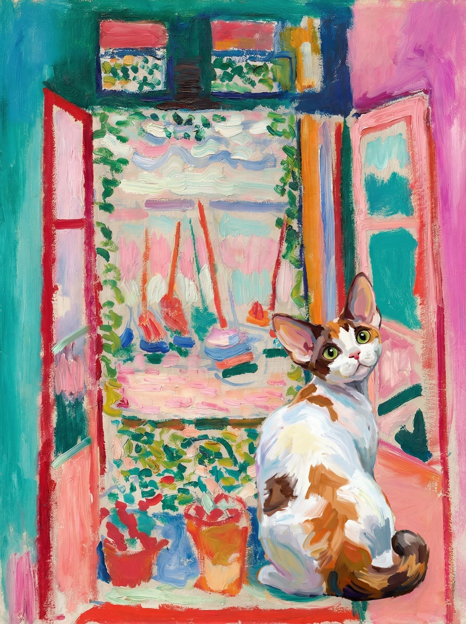 A pet sitting on the right bottom frame of an open door, with its back to the opening while facing the room, looking at the viewer, slight leaning on the right-side door panel. Paint in post-impressionism style. Use loosely painted, vibrantly colored, stylized, vertical painting.