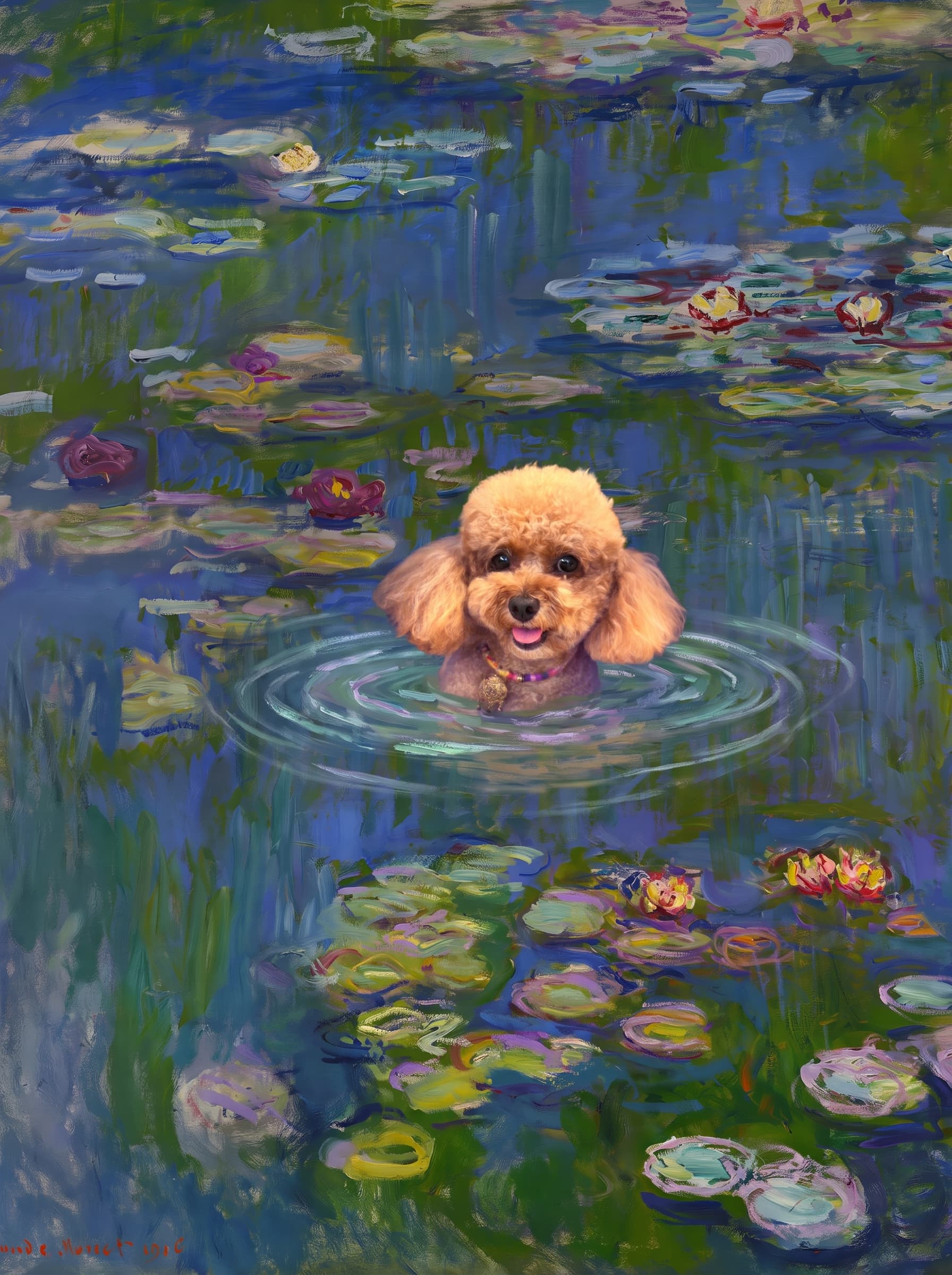 The pet should appear naturally integrated into the middle of the pond, swimming calmly through the water with only its head, upper neck, and a subtle suggestion of its back visible above the surface.
The pet should be facing forward and looking directly at the viewer. Its wet fur should be suggested through painterly strokes.
Blend the pet into the scene using Monet-like impressionist oil painting techniques: visible layered brushstrokes, soft broken color, blue-green reflections, violet shadows, golden-orange highlights, and shimmering ripples around the pet.
The water should partially obscure the pet’s body, with delicate circular ripples spreading outward. Nearby lily pads and water lilies should remain undisturbed but subtly interact with the ripples.
The pet must feel like it was originally painted into the artwork, not pasted on top. Match the atmospheric softness, painterly texture, scale, perspective, and color harmony of the original Water Lilies painting.
Avoid photorealism, sharp outlines, modern digital effects, or excessive detail. The final image should look like a whimsical impressionist oil painting in the spirit of late Monet, with the pet quietly swimming among the lily pads at the center of the pond.
Art Style: Paint in Fauvism, post-impressionism style. Use simplified shapes, exaggerates color, and flattens perspective to create charm and personality.
Use saturated, non-naturalistic colors and flattened perspective reminiscent of Henri Matisse.
The brushwork is loose, visible, and painterly, with uneven strokes that give the surface texture and movement.
Paint with large areas of flat color patches, simplified shapes, bold decorative outlines, and minimal blending.
The composition is flattened and slightly distorted, with compressed perspective.
The painting is expressive, utilizing thick, confident strokes and quick, rhythmic marks that prioritize texture and visual energy over realistic blending or depth.