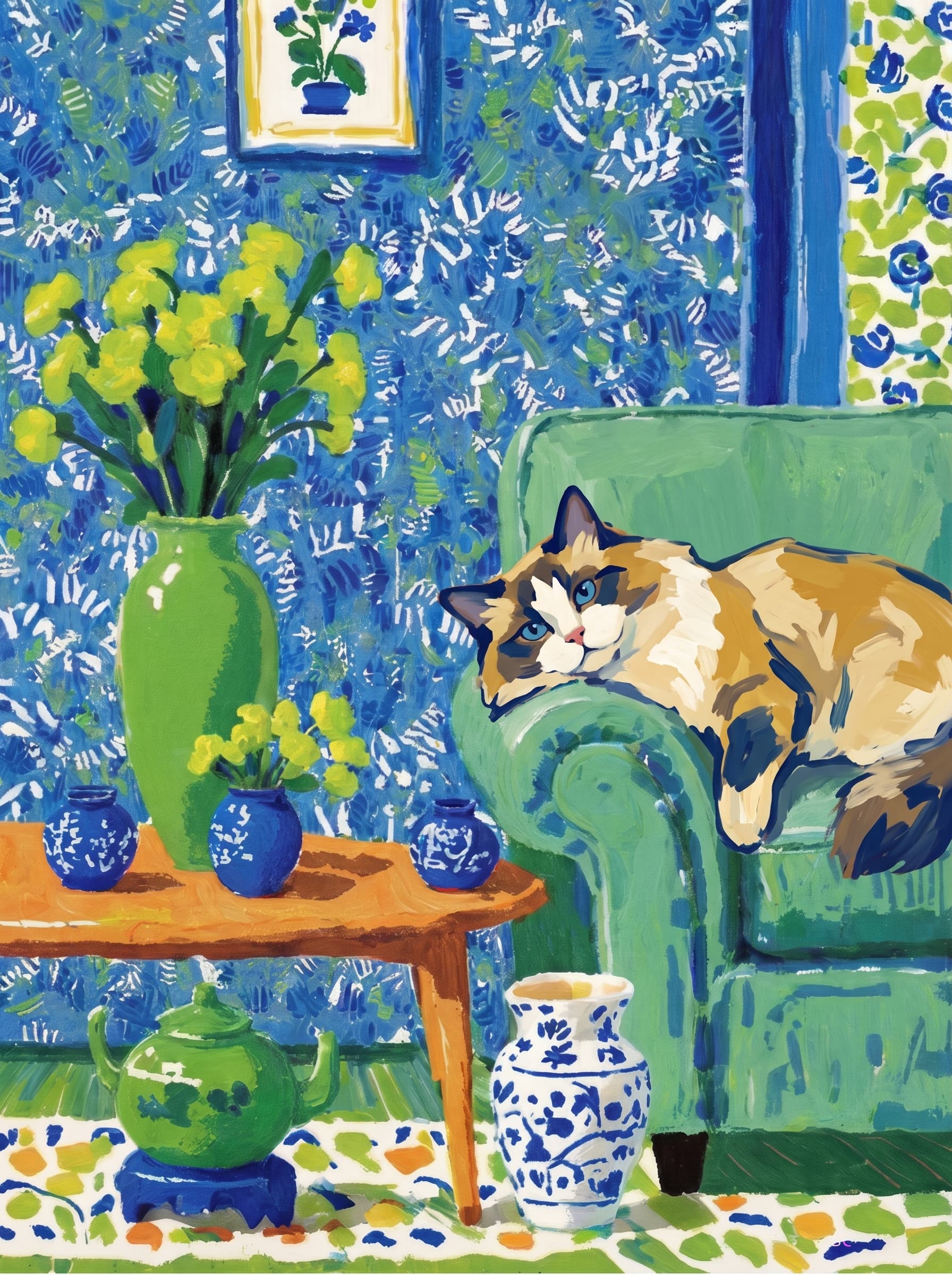 A pet lazy lying on the couch, with head tilt on the edge of couch, eye looking at the the vase. Art Style: Paint in Fauvism, post-impressionism style. Use simplified shapes, exaggerates color, and flattens perspective to create charm and personality.
Use saturated, non-naturalistic colors and flattened perspective reminiscent of Henri Matisse.
The brushwork is loose, visible, and painterly, with uneven strokes that give the surface texture and movement.
Paint with large areas of flat color patches, simplified shapes, bold decorative outlines, and minimal blending.
The composition is flattened and slightly distorted, with compressed perspective.
The painting is expressive, utilizing thick, confident strokes and quick, rhythmic marks that prioritize texture and visual energy over realistic blending or depth.