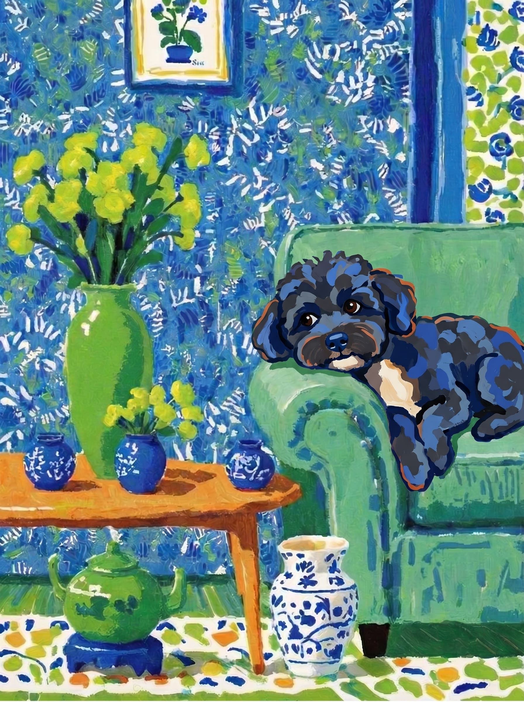 A pet lazy lying on the couch, with head tilt on the edge of couch, eye looking at the the vase. Art Style: Paint in Fauvism, post-impressionism style. Use simplified shapes, exaggerates color, and flattens perspective to create charm and personality.
Use saturated, non-naturalistic colors and flattened perspective reminiscent of Henri Matisse.
The brushwork is loose, visible, and painterly, with uneven strokes that give the surface texture and movement.
Paint with large areas of flat color patches, simplified shapes, bold decorative outlines, and minimal blending.
The composition is flattened and slightly distorted, with compressed perspective.
The painting is expressive, utilizing thick, confident strokes and quick, rhythmic marks that prioritize texture and visual energy over realistic blending or depth.