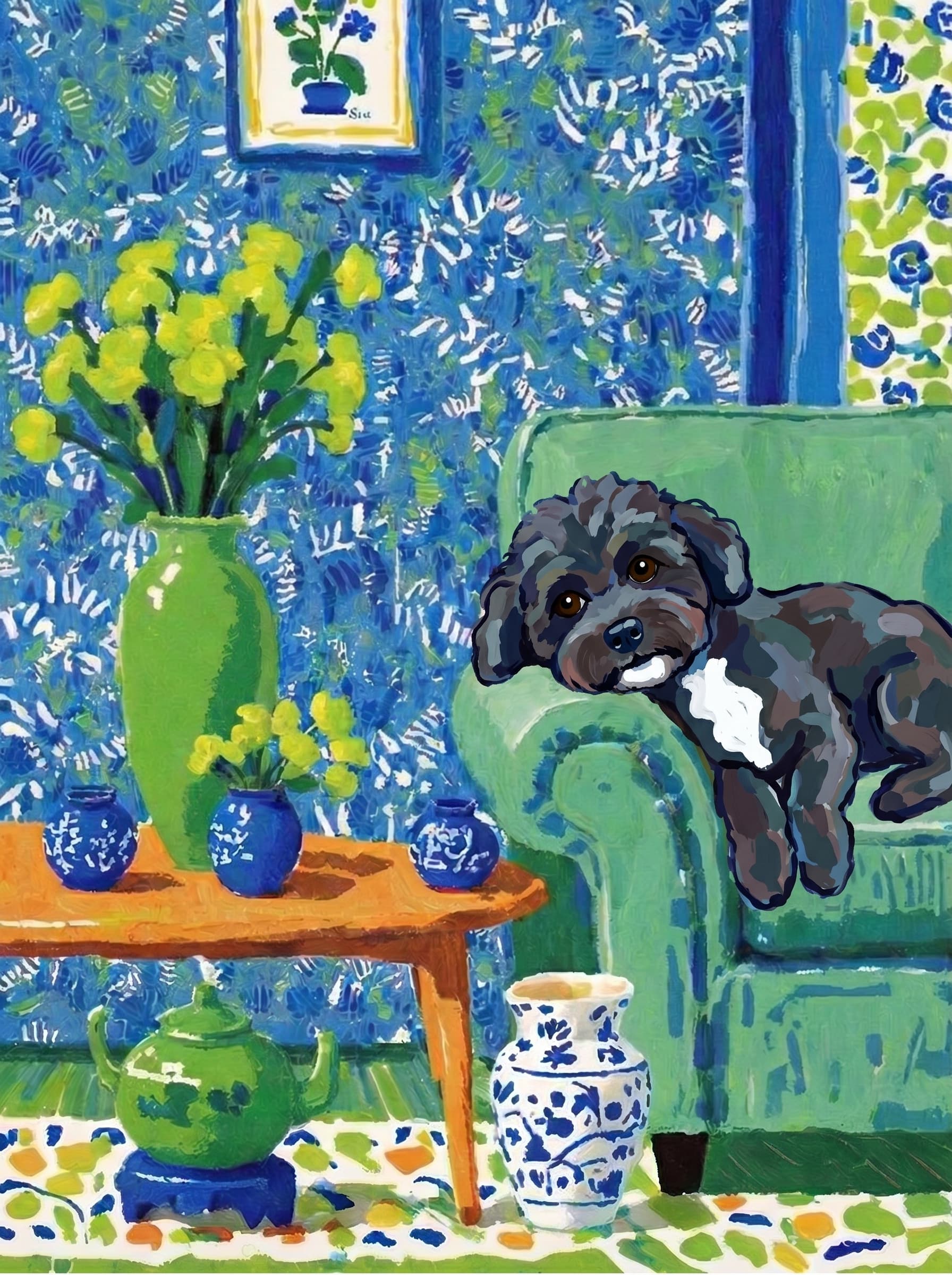 A pet lazy lying on the couch, with head tilt on the edge of couch, eye looking at the the vase. Art Style: Paint in Fauvism, post-impressionism style. Use simplified shapes, exaggerates color, and flattens perspective to create charm and personality.
Use saturated, non-naturalistic colors and flattened perspective reminiscent of Henri Matisse.
The brushwork is loose, visible, and painterly, with uneven strokes that give the surface texture and movement.
Paint with large areas of flat color patches, simplified shapes, bold decorative outlines, and minimal blending.
The composition is flattened and slightly distorted, with compressed perspective.
The painting is expressive, utilizing thick, confident strokes and quick, rhythmic marks that prioritize texture and visual energy over realistic blending or depth.