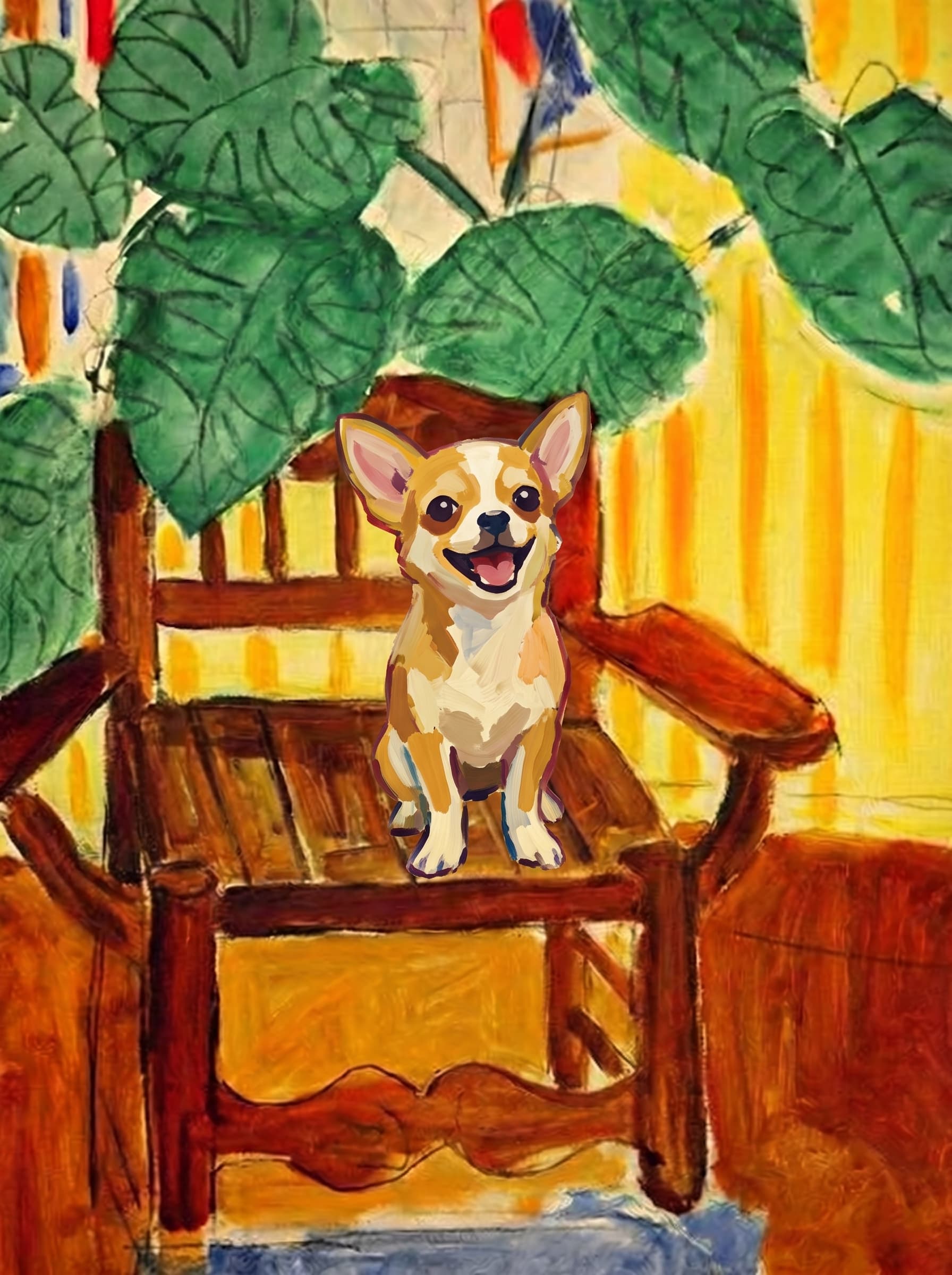 A pet sitting on a brown chair, looking at the viewer. Art Style: Paint in Fauvism, post-impressionism style. Use simplified shapes, exaggerates color, and flattens perspective to create charm and personality.
Use saturated, non-naturalistic colors and flattened perspective reminiscent of Henri Matisse.
The brushwork is loose, visible, and painterly, with uneven strokes that give the surface texture and movement.
Paint with large areas of flat color patches, simplified shapes, bold decorative outlines, and minimal blending.
The composition is flattened and slightly distorted, with compressed perspective.
The painting is expressive, utilizing thick, confident strokes and quick, rhythmic marks that prioritize texture and visual energy over realistic blending or depth.
