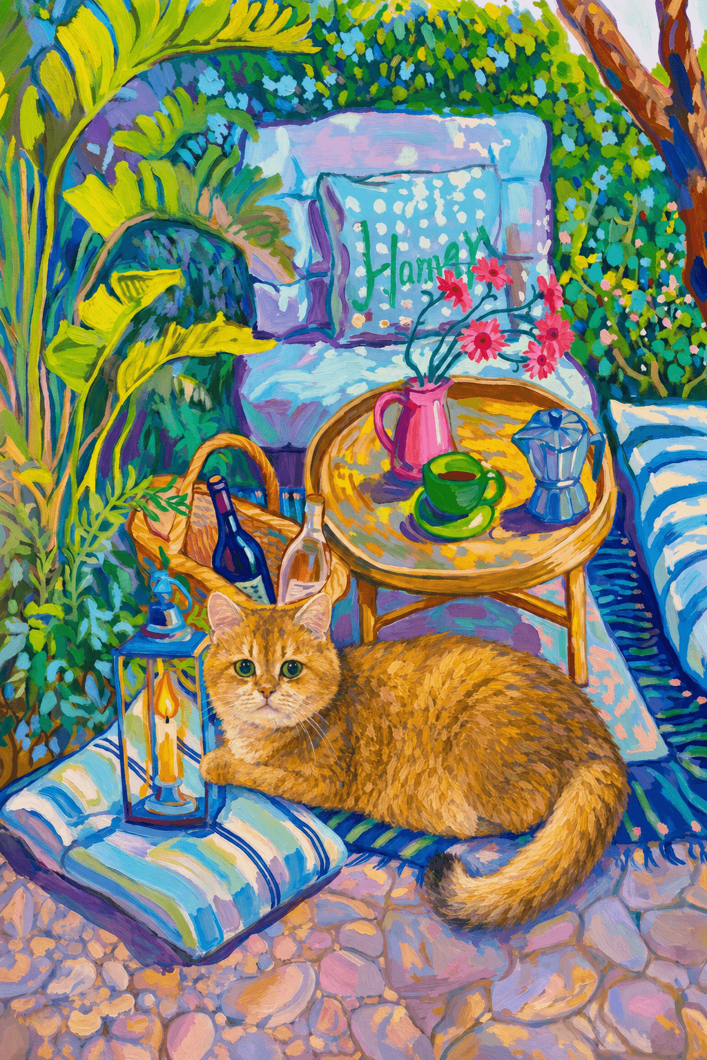 a cozy garden patio filled with lush tropical greenery, blue-and-white striped cushions, a round rattan table, picnic basket, lantern, books, flowers.
The pet is lazily resting in the foreground, almost fall asleep with a relaxed and content expression.
The composition feels intimate and inviting, with foliage and a tree trunk framing the scene, the circular table anchoring the center, and expressive brushwork plus dappled light creating a lively, relaxed outdoor atmosphere.
Art Style: Paint in Fauvism, post-impressionism style. Use simplified shapes, exaggerates color, and flattens perspective to create charm and personality.
Use saturated, non-naturalistic colors and flattened perspective reminiscent of Henri Matisse.
The brushwork is loose, visible, and painterly, with uneven strokes that give the surface texture and movement.
Paint with large areas of flat color patches, simplified shapes, bold decorative outlines, and minimal blending.
The composition is flattened and slightly distorted, with compressed perspective.
The painting is expressive, utilizing thick, confident strokes and quick, rhythmic marks that prioritize texture and visual energy over realistic blending or depth.