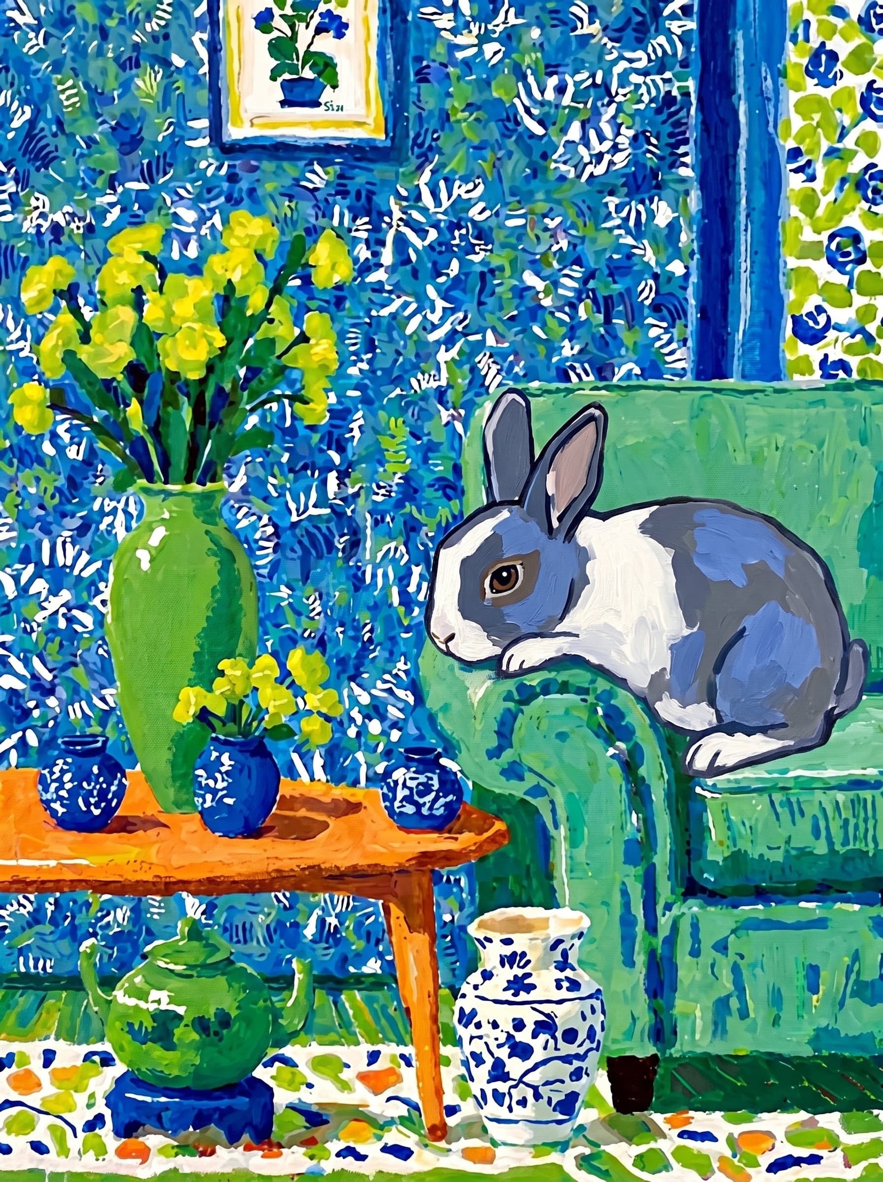 A pet lazy lying on the couch, with head tilt on the edge of couch, eye looking at the the vase. Art Style: Paint in Fauvism, post-impressionism style. Use simplified shapes, exaggerates color, and flattens perspective to create charm and personality.
Use saturated, non-naturalistic colors and flattened perspective reminiscent of Henri Matisse.
The brushwork is loose, visible, and painterly, with uneven strokes that give the surface texture and movement.
Paint with large areas of flat color patches, simplified shapes, bold decorative outlines, and minimal blending.
The composition is flattened and slightly distorted, with compressed perspective.
The painting is expressive, utilizing thick, confident strokes and quick, rhythmic marks that prioritize texture and visual energy over realistic blending or depth.