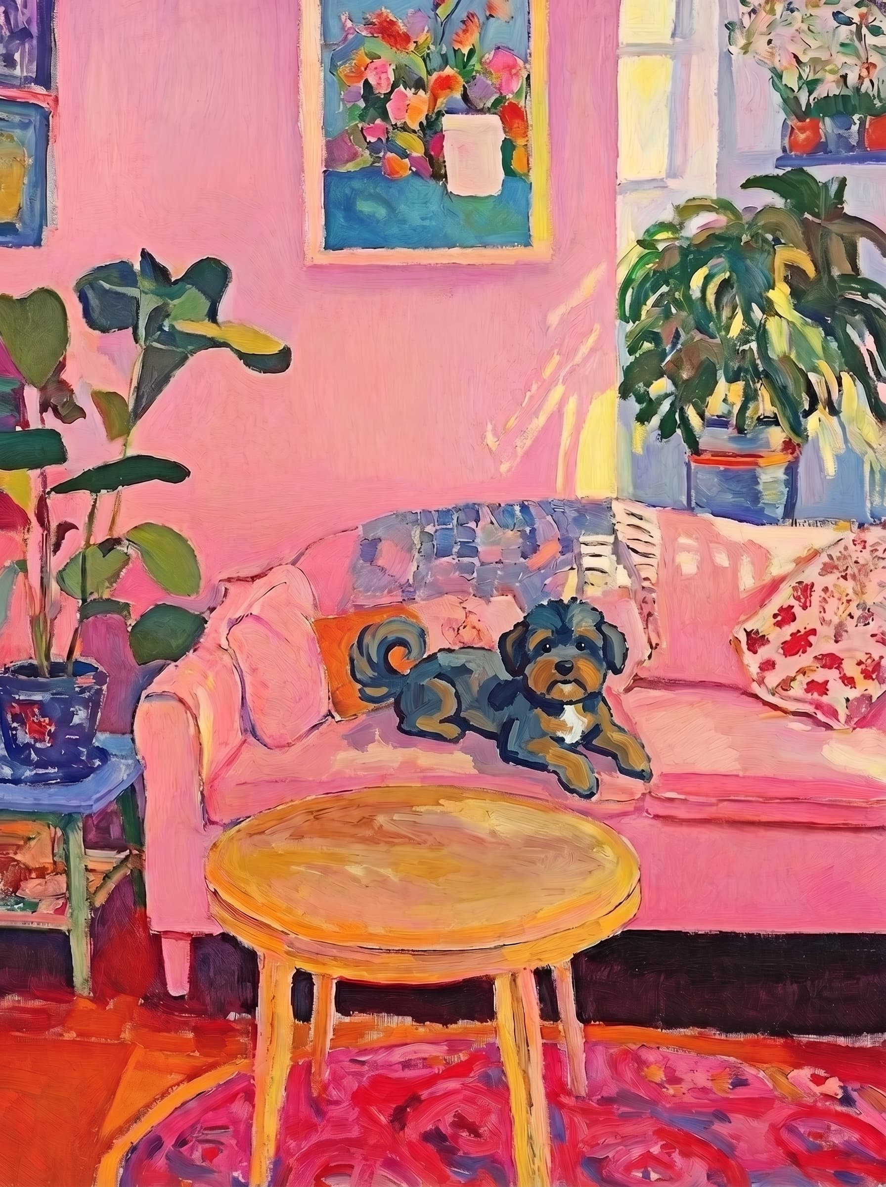 The painting shows a cozy, colorful interior with a warm pink wall and a large pink sofa in the foreground.
The pet is resting lazily on a bright pink velvet sofa. The pet’s looked completely relaxed and content.
The overall mood is cheerful and intimate, with bold outlines, visible brushstrokes, and slightly simplified forms.
Art Style: Paint in Fauvism, post-impressionism style. Use simplified shapes, exaggerates color, and flattens perspective to create charm and personality.
Use saturated, non-naturalistic colors and flattened perspective reminiscent of Henri Matisse.
The brushwork is loose, visible, and painterly, with uneven strokes that give the surface texture and movement.
Paint with large areas of flat color patches, simplified shapes, bold decorative outlines, and minimal blending.
The composition is flattened and slightly distorted, with compressed perspective.
The painting is expressive, utilizing thick, confident strokes and quick, rhythmic marks that prioritize texture and visual energy over realistic blending or depth.