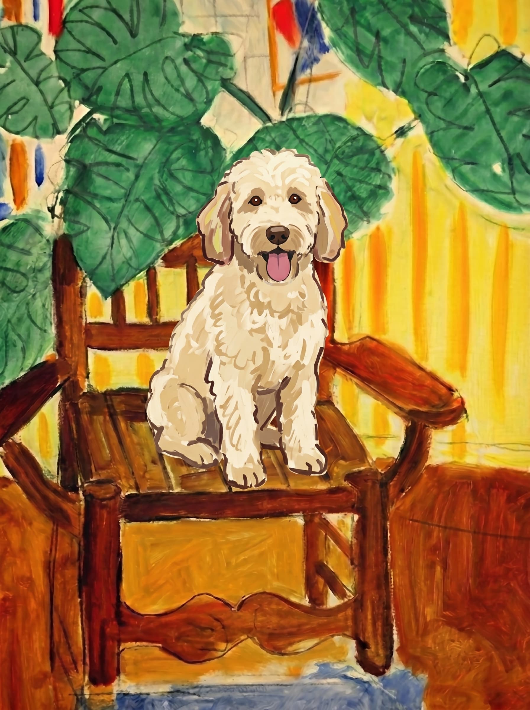 A pet sitting on a brown chair, looking at the viewer. Colors are applied with minimal blending, creating a flat, illustrative feel. The brushwork is broad, rapid, and direct. Strokes are loose, visible, applied thinly, defining the forms quickly without building up significant physical texture or impasto on the surface.