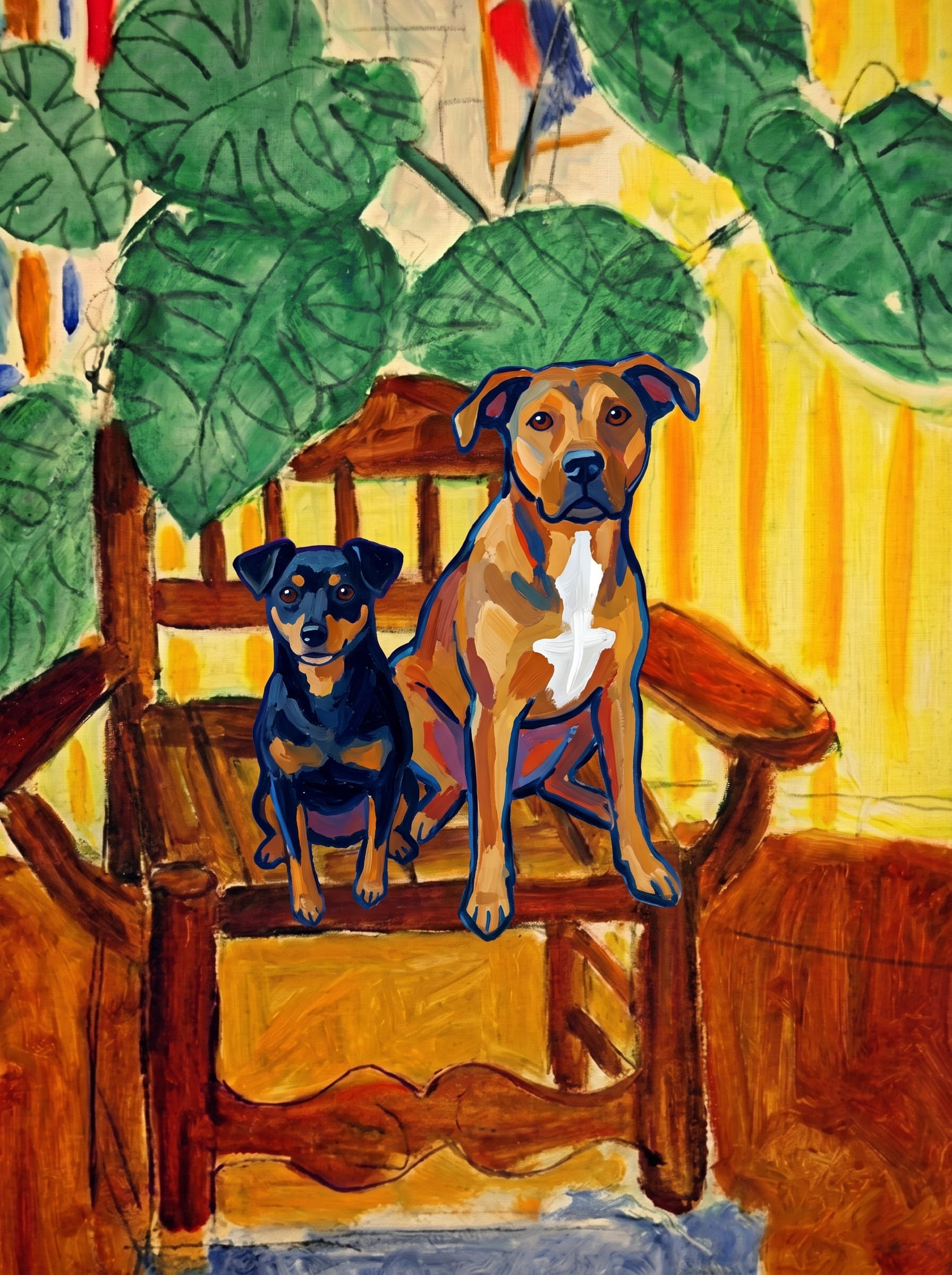 A pet sitting on a brown chair, looking at the viewer. Art Style: Paint in Fauvism, post-impressionism style. Use simplified shapes, exaggerates color, and flattens perspective to create charm and personality.
Use saturated, non-naturalistic colors and flattened perspective reminiscent of Henri Matisse.
The brushwork is loose, visible, and painterly, with uneven strokes that give the surface texture and movement.
Paint with large areas of flat color patches, simplified shapes, bold decorative outlines, and minimal blending.
The composition is flattened and slightly distorted, with compressed perspective.
The painting is expressive, utilizing thick, confident strokes and quick, rhythmic marks that prioritize texture and visual energy over realistic blending or depth.