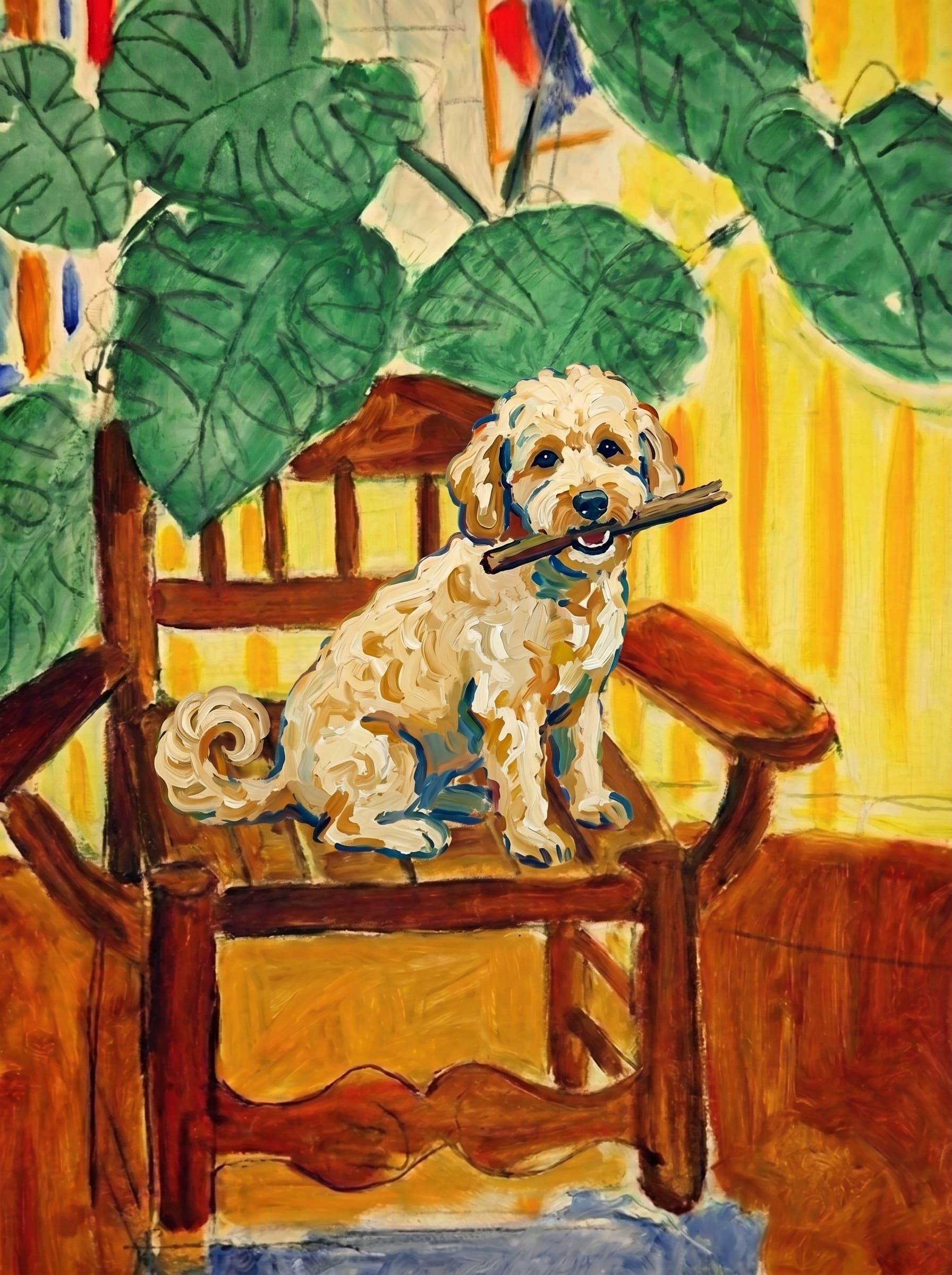 A pet sitting on a brown chair, looking at the viewer. Art Style: Paint in Fauvism, post-impressionism style. Use simplified shapes, exaggerates color, and flattens perspective to create charm and personality.
Use saturated, non-naturalistic colors and flattened perspective reminiscent of Henri Matisse.
The brushwork is loose, visible, and painterly, with uneven strokes that give the surface texture and movement.
Paint with large areas of flat color patches, simplified shapes, bold decorative outlines, and minimal blending.
The composition is flattened and slightly distorted, with compressed perspective.
The painting is expressive, utilizing thick, confident strokes and quick, rhythmic marks that prioritize texture and visual energy over realistic blending or depth.
