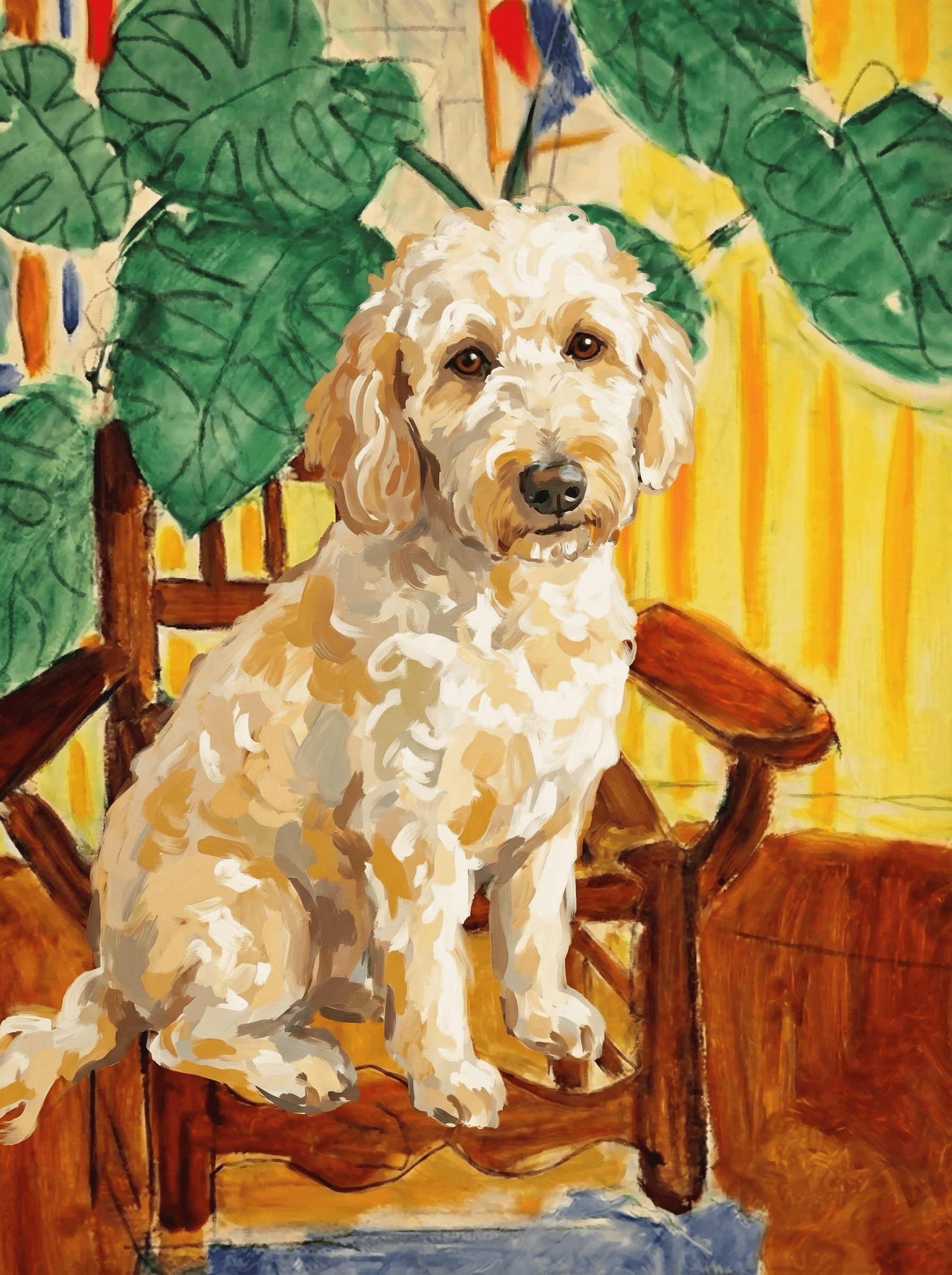 A pet sitting on a brown chair, looking at the viewer. Colors are applied with minimal blending, creating a flat, illustrative feel. The brushwork is broad, rapid, and direct. Strokes are loose, visible, applied thinly, defining the forms quickly without building up significant physical texture or impasto on the surface.