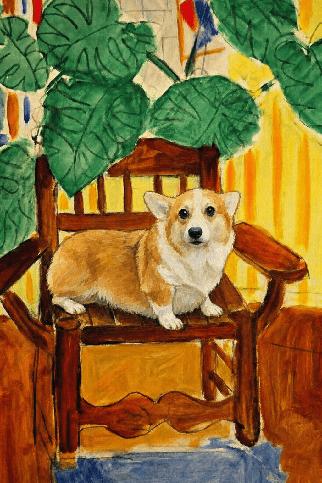 A pet sitting on a brown chair, looking at the viewer. Colors are applied with minimal blending, creating a flat, illustrative feel. The brushwork is broad, rapid, and direct. Strokes are loose, visible, applied thinly, defining the forms quickly without building up significant physical texture or impasto on the surface.