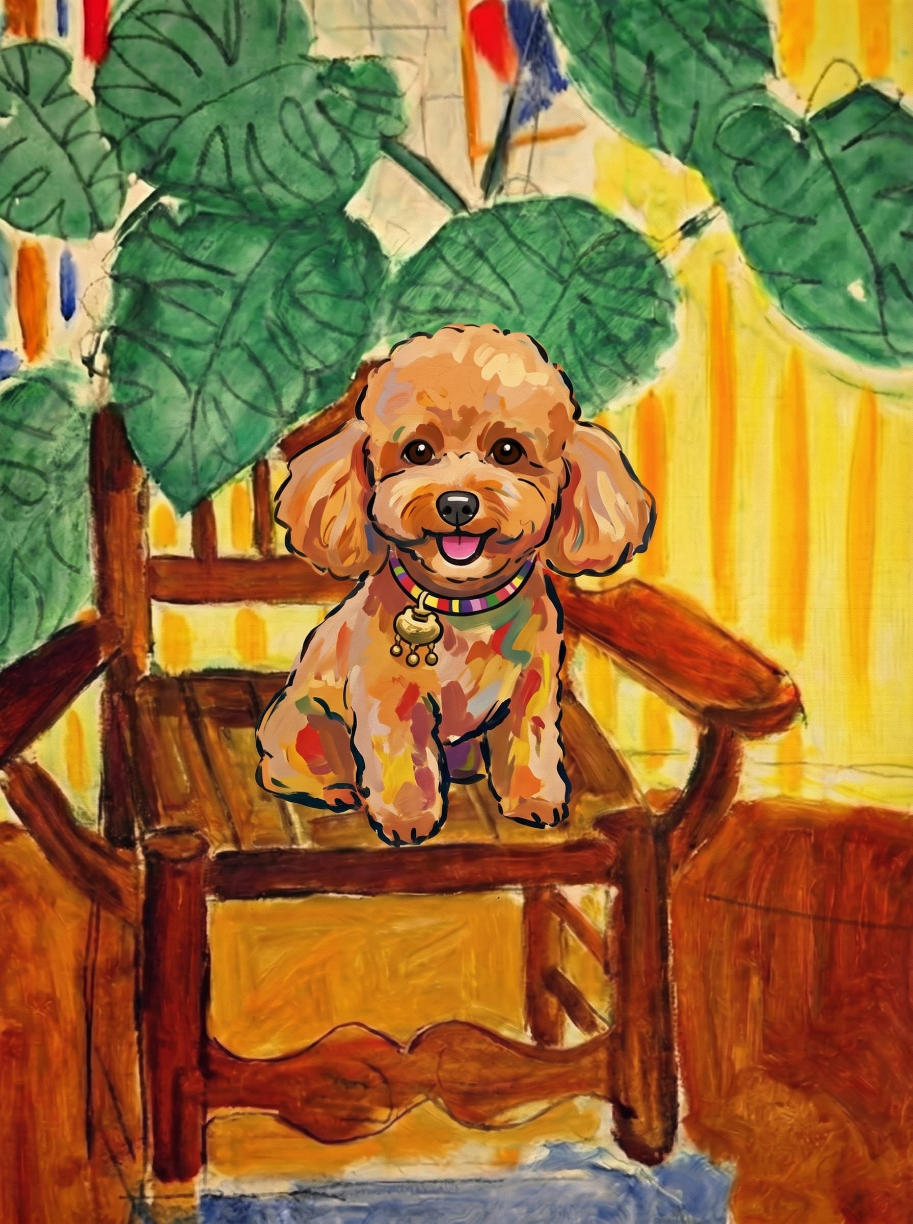 A pet sitting on a brown chair, looking at the viewer. Art Style: Paint in Fauvism, post-impressionism style. Use simplified shapes, exaggerates color, and flattens perspective to create charm and personality.
Use saturated, non-naturalistic colors and flattened perspective reminiscent of Henri Matisse.
The brushwork is loose, visible, and painterly, with uneven strokes that give the surface texture and movement.
Paint with large areas of flat color patches, simplified shapes, bold decorative outlines, and minimal blending.
The composition is flattened and slightly distorted, with compressed perspective.
The painting is expressive, utilizing thick, confident strokes and quick, rhythmic marks that prioritize texture and visual energy over realistic blending or depth.