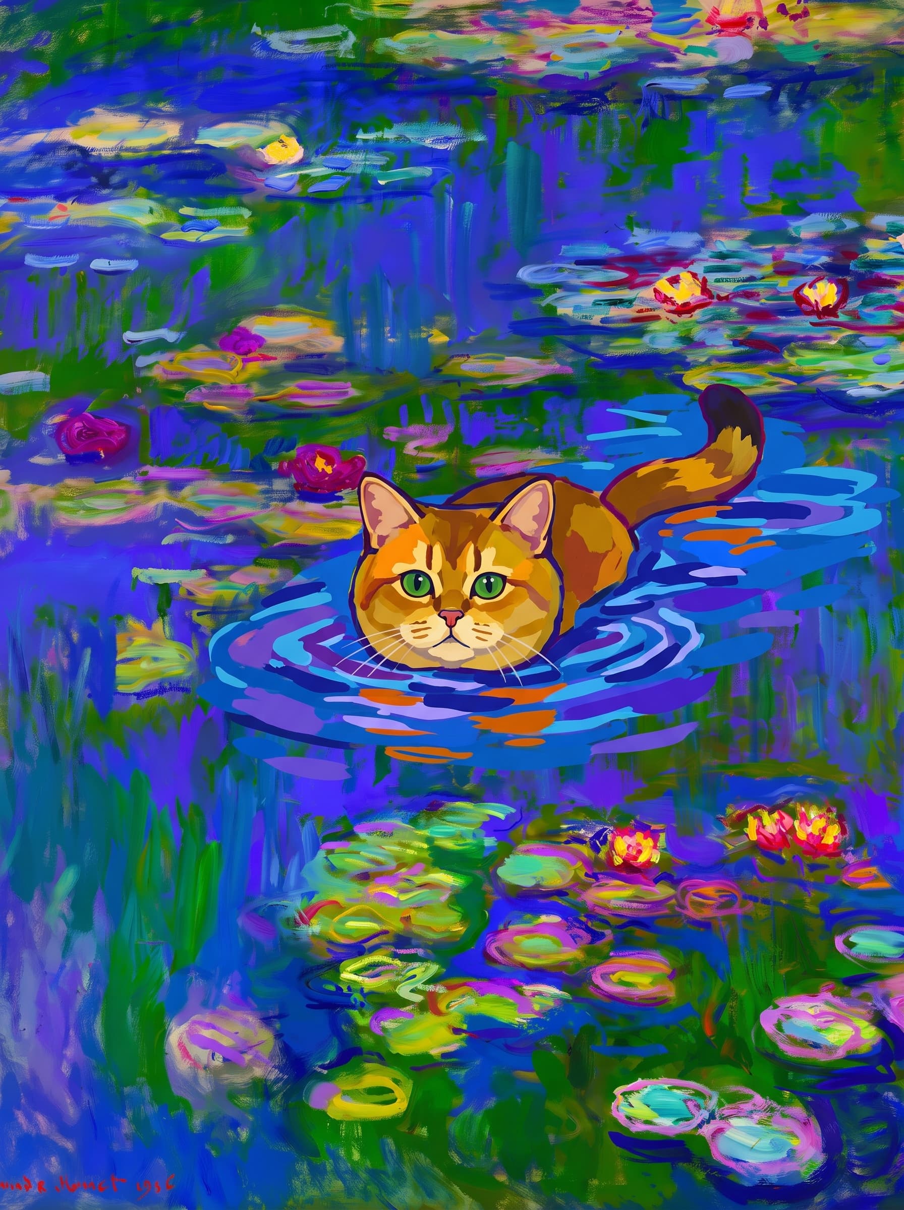 The pet should appear naturally integrated into the middle of the pond, swimming calmly through the water with only its head, upper neck, and a subtle suggestion of its back visible above the surface.
The pet should be facing forward and looking directly at the viewer. Its wet fur should be suggested through painterly strokes.
Blend the pet into the scene using Monet-like impressionist oil painting techniques: visible layered brushstrokes, soft broken color, blue-green reflections, violet shadows, golden-orange highlights, and shimmering ripples around the pet.
The water should partially obscure the pet’s body, with delicate circular ripples spreading outward. Nearby lily pads and water lilies should remain undisturbed but subtly interact with the ripples.
The pet must feel like it was originally painted into the artwork, not pasted on top. Match the atmospheric softness, painterly texture, scale, perspective, and color harmony of the original Water Lilies painting.
Avoid photorealism, sharp outlines, modern digital effects, or excessive detail. The final image should look like a whimsical impressionist oil painting in the spirit of late Monet, with the pet quietly swimming among the lily pads at the center of the pond.
Art Style: Paint in Fauvism, post-impressionism style. Use simplified shapes, exaggerates color, and flattens perspective to create charm and personality.
Use saturated, non-naturalistic colors and flattened perspective reminiscent of Henri Matisse.
The brushwork is loose, visible, and painterly, with uneven strokes that give the surface texture and movement.
Paint with large areas of flat color patches, simplified shapes, bold decorative outlines, and minimal blending.
The composition is flattened and slightly distorted, with compressed perspective.
The painting is expressive, utilizing thick, confident strokes and quick, rhythmic marks that prioritize texture and visual energy over realistic blending or depth.