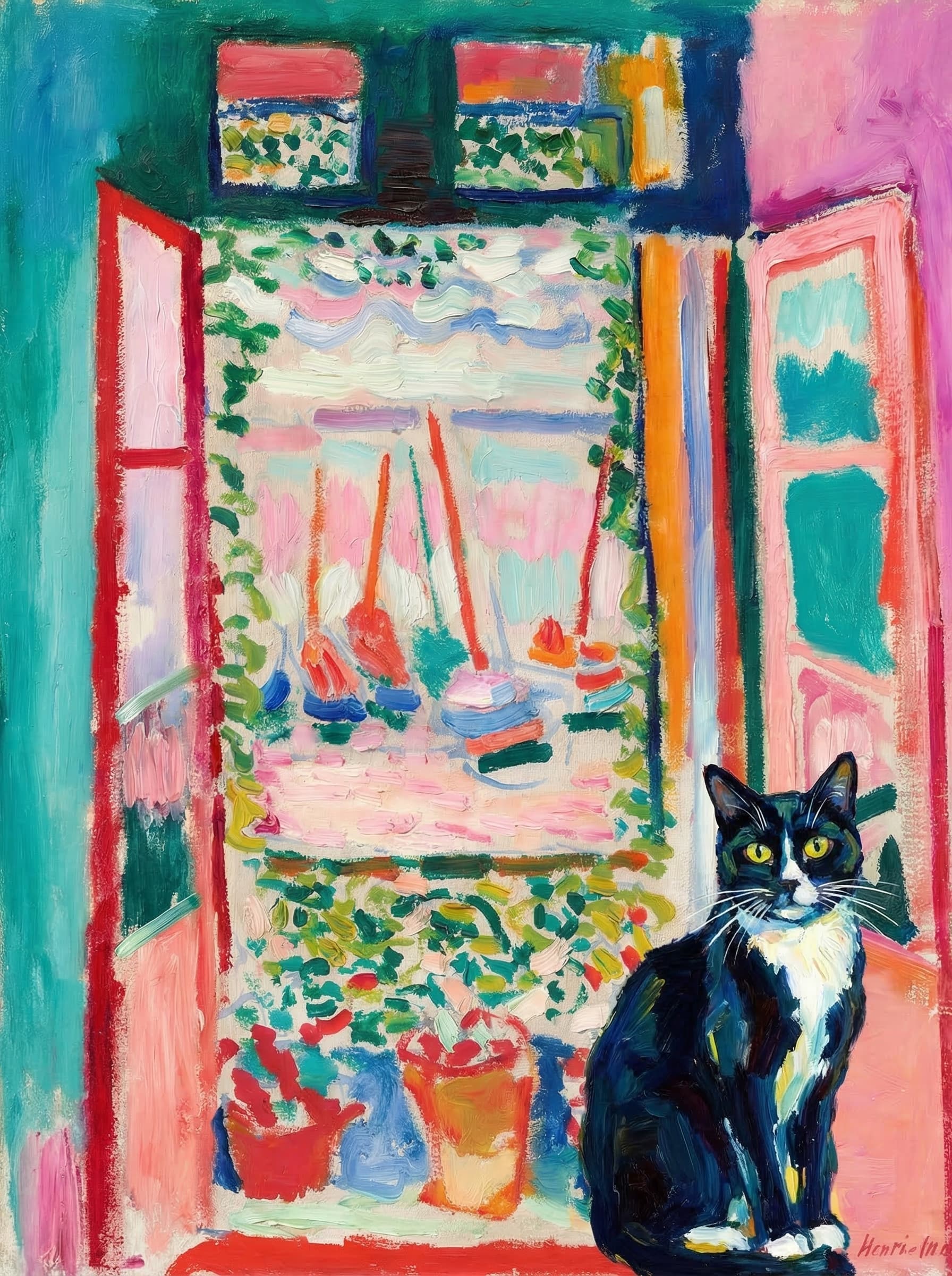 A pet sitting on the right bottom frame of an open door, with its back to the opening while facing the room, looking at the viewer, slight leaning on the right-side door panel. Paint in post-impressionism style. Use loosely painted, vibrantly colored, stylized, vertical painting.