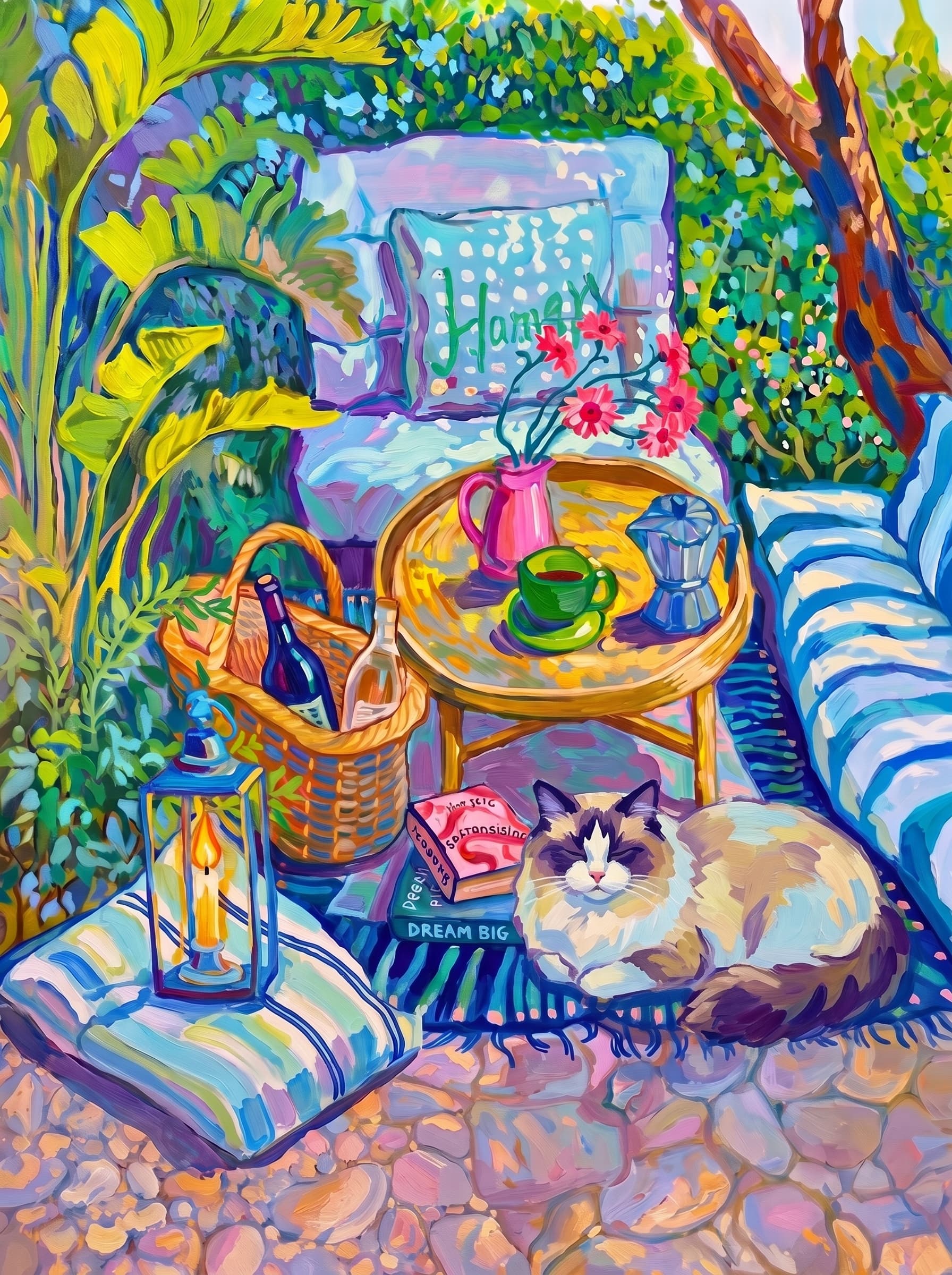 a cozy garden patio filled with lush tropical greenery, blue-and-white striped cushions, a round rattan table, picnic basket, lantern, books, flowers.
The pet is lazily resting in the foreground, almost fall asleep with a relaxed and content expression.
The composition feels intimate and inviting, with foliage and a tree trunk framing the scene, the circular table anchoring the center, and expressive brushwork plus dappled light creating a lively, relaxed outdoor atmosphere.
Art Style: Paint in Fauvism, post-impressionism style. Use simplified shapes, exaggerates color, and flattens perspective to create charm and personality.
Use saturated, non-naturalistic colors and flattened perspective reminiscent of Henri Matisse.
The brushwork is loose, visible, and painterly, with uneven strokes that give the surface texture and movement.
Paint with large areas of flat color patches, simplified shapes, bold decorative outlines, and minimal blending.
The composition is flattened and slightly distorted, with compressed perspective.
The painting is expressive, utilizing thick, confident strokes and quick, rhythmic marks that prioritize texture and visual energy over realistic blending or depth.